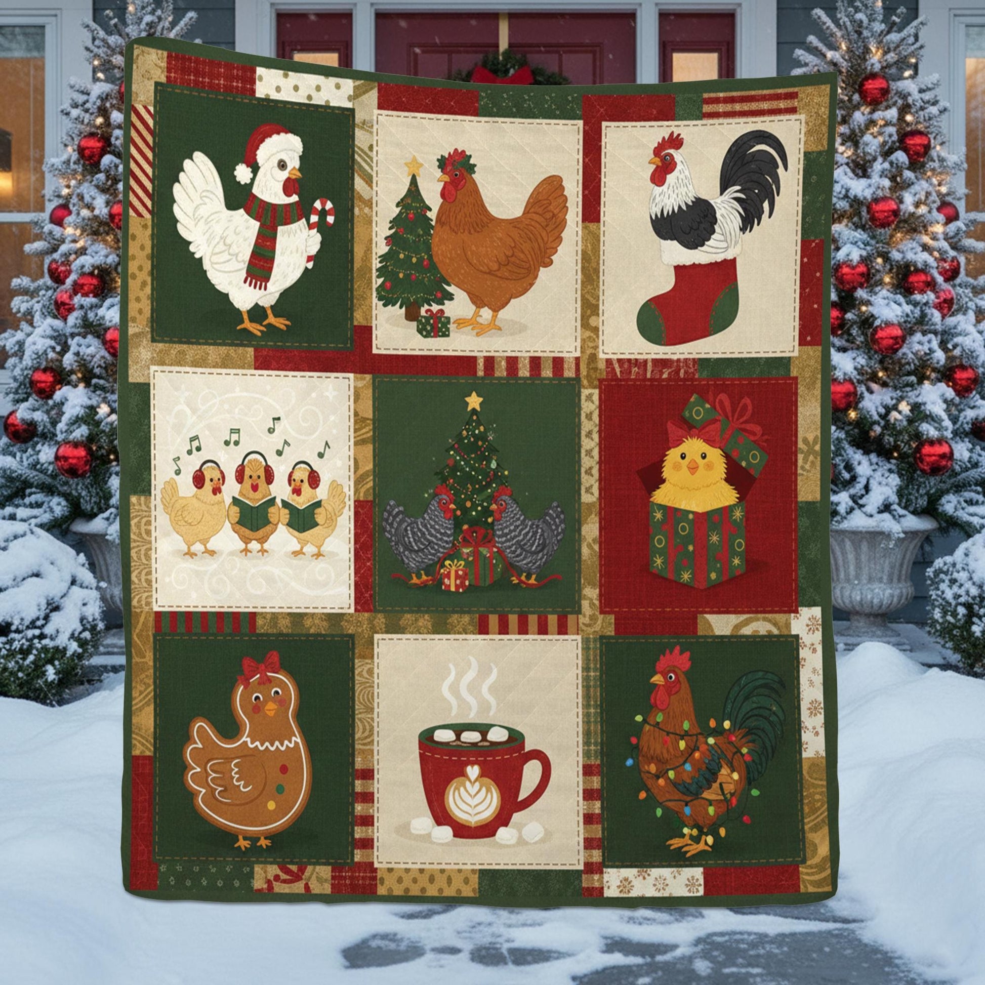 Christmas Chicken Quilt Blanket – Holiday Farmhouse Chicken Throw Quilt