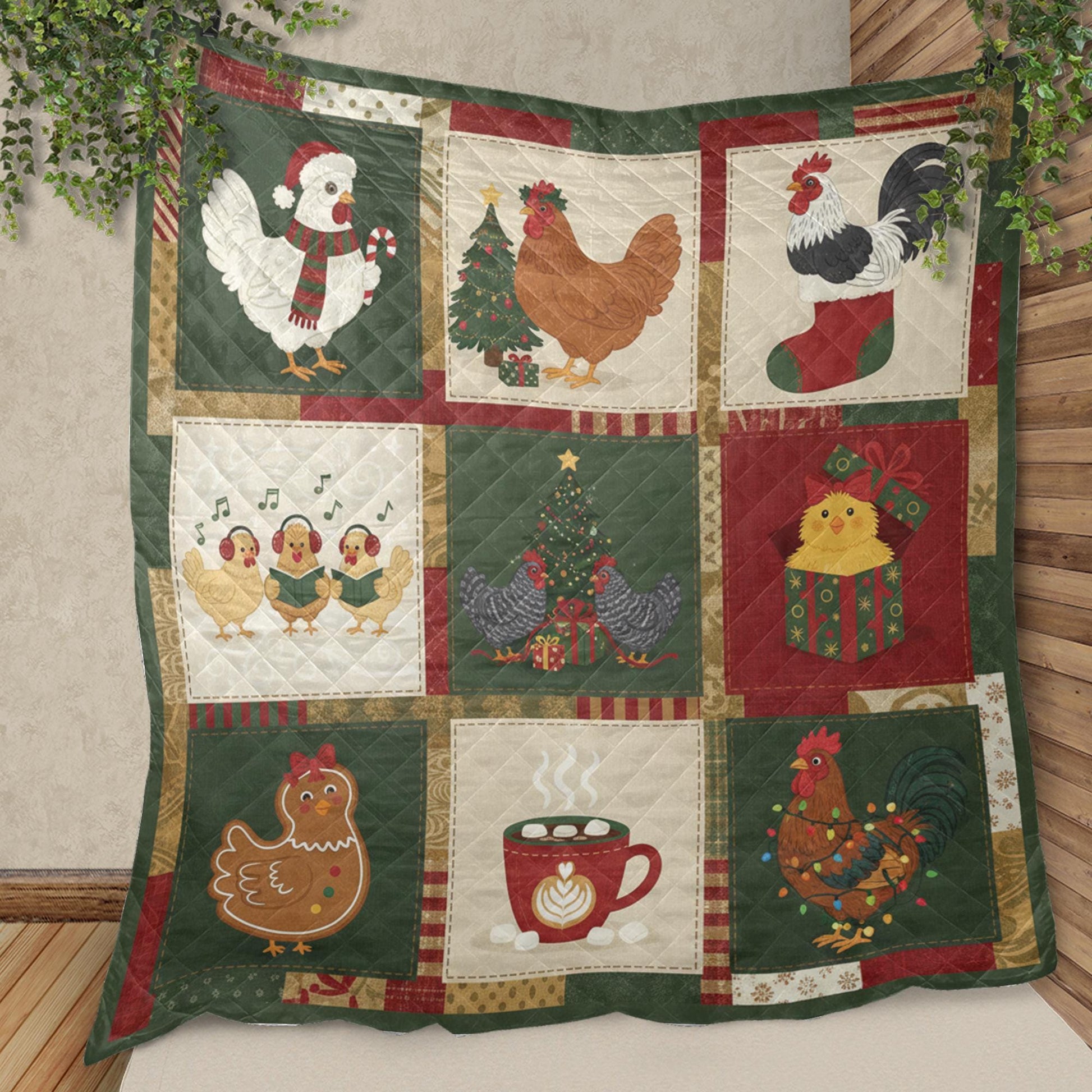 Christmas Chicken Quilt Blanket – Holiday Farmhouse Chicken Throw Quilt