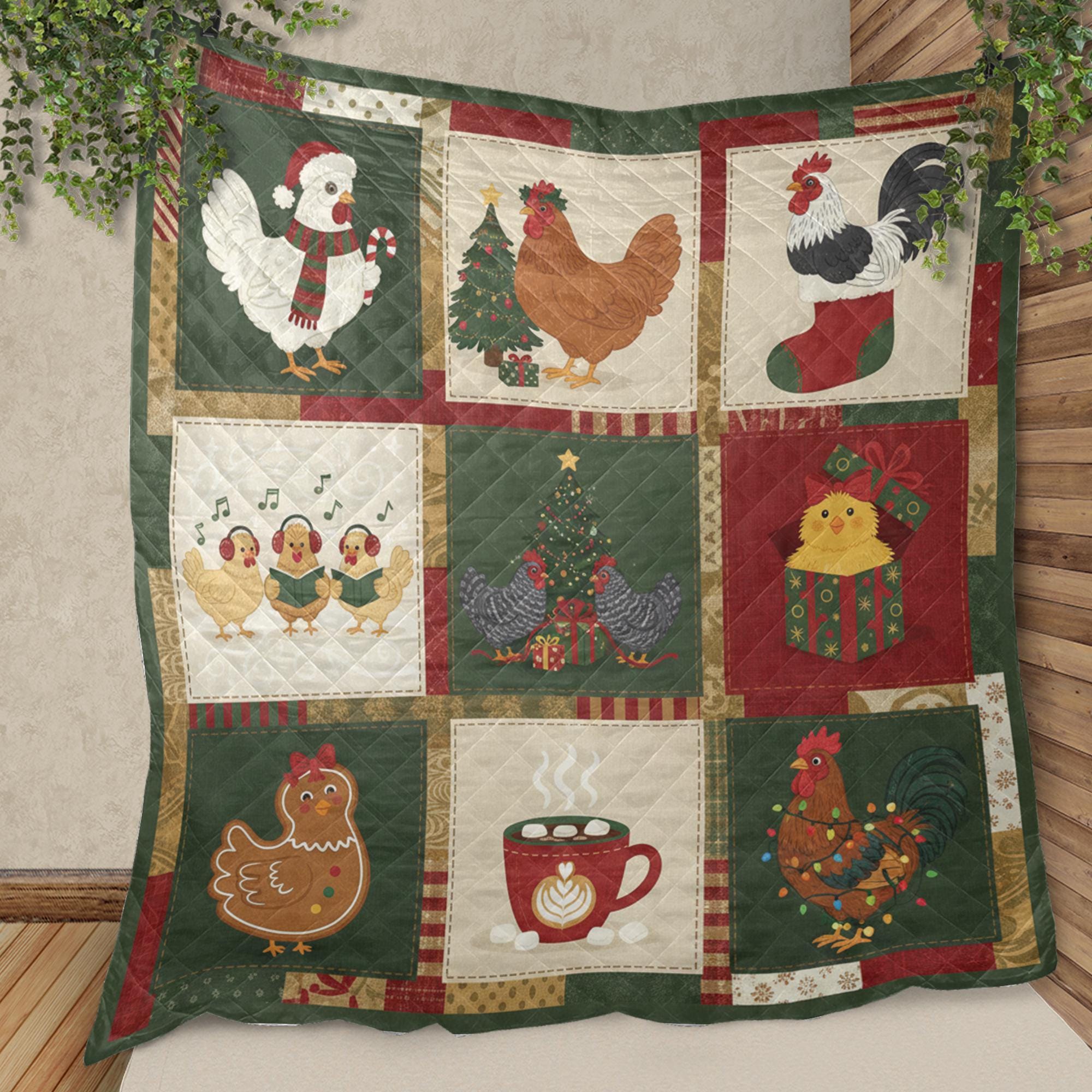 Christmas Chicken Quilt Blanket – Holiday Farmhouse Chicken Throw Quilt