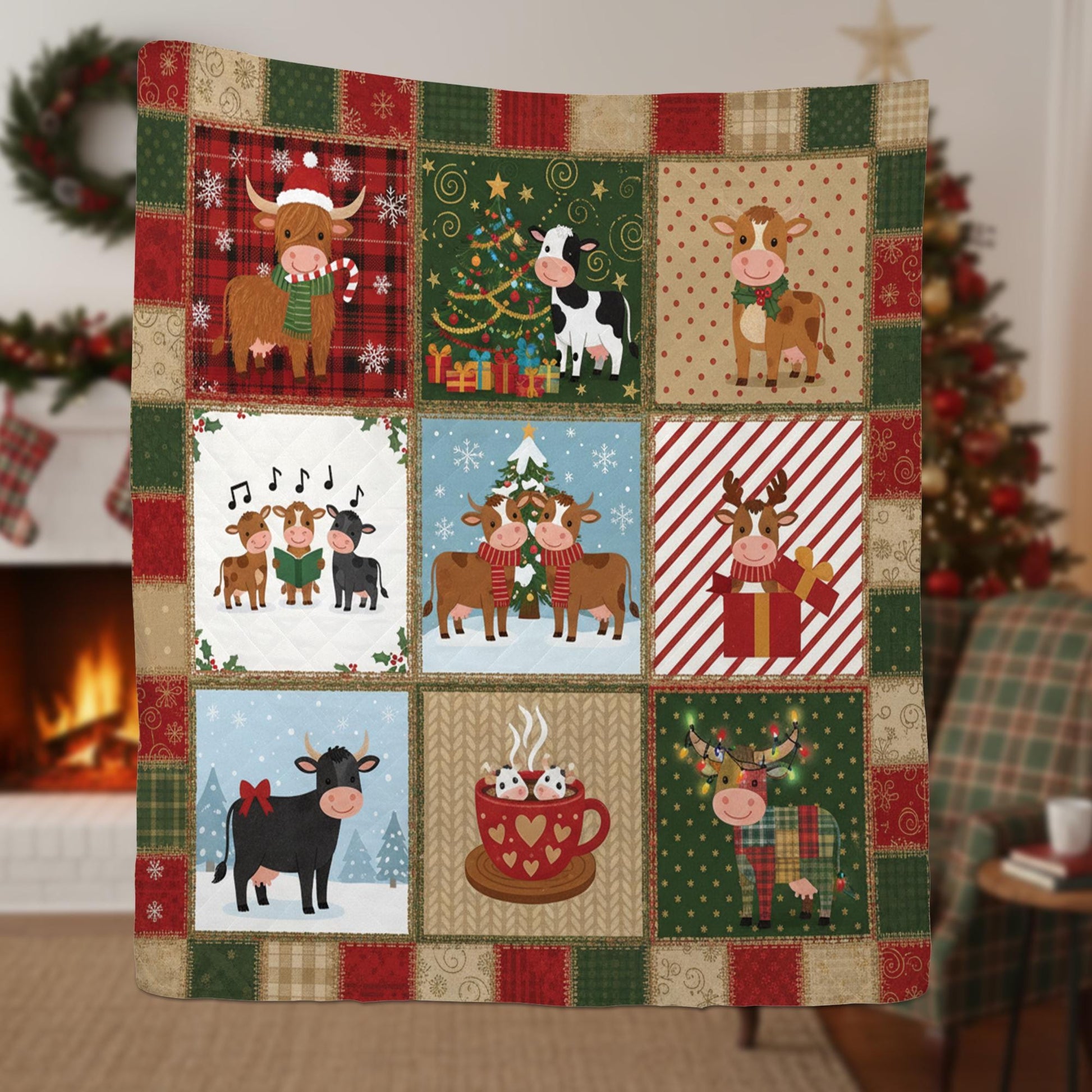 Christmas Cow Quilt Blanket – Farmhouse Holiday Cows Patchwork Throw Quilt