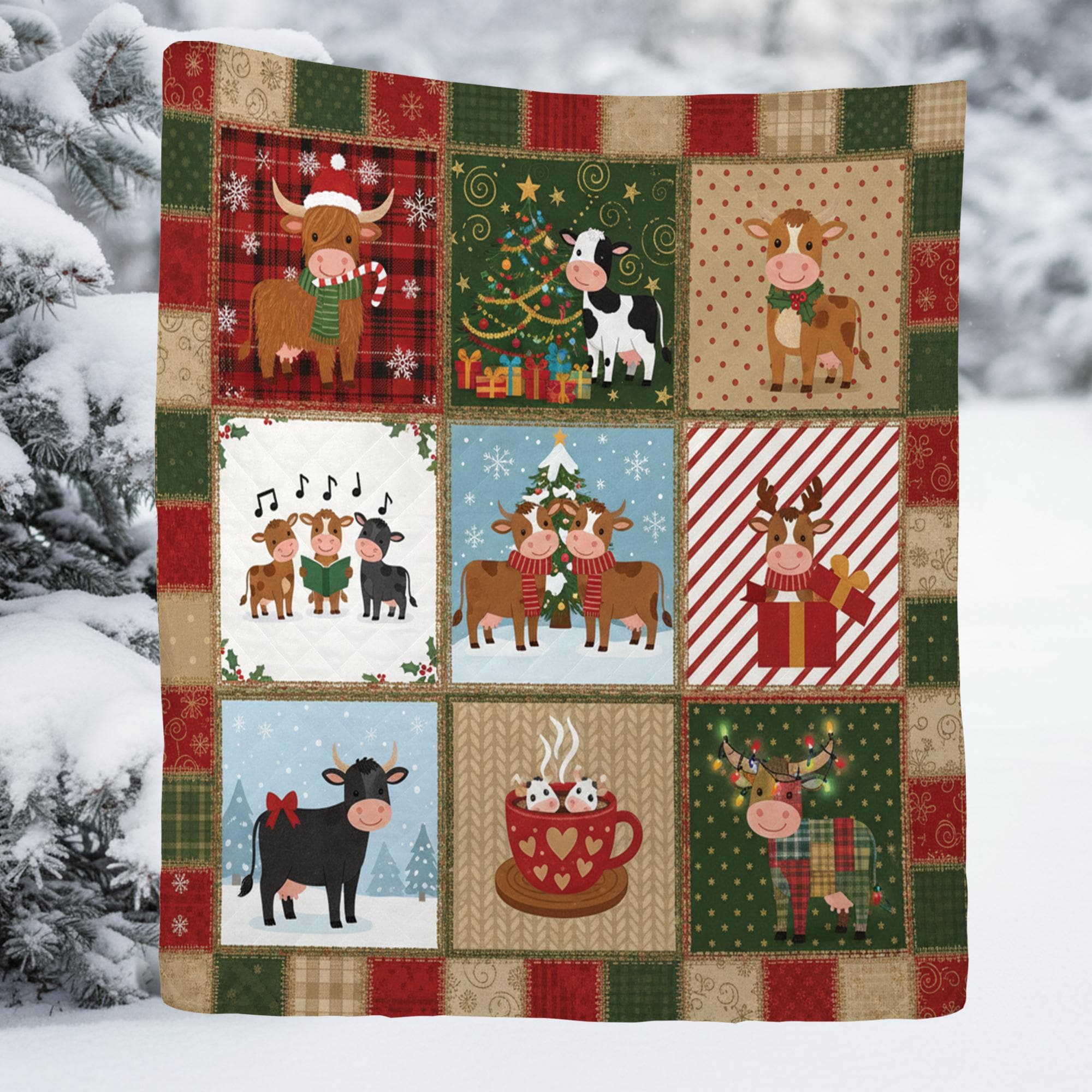 Christmas Cow Quilt Blanket – Farmhouse Holiday Cows Patchwork Throw Quilt