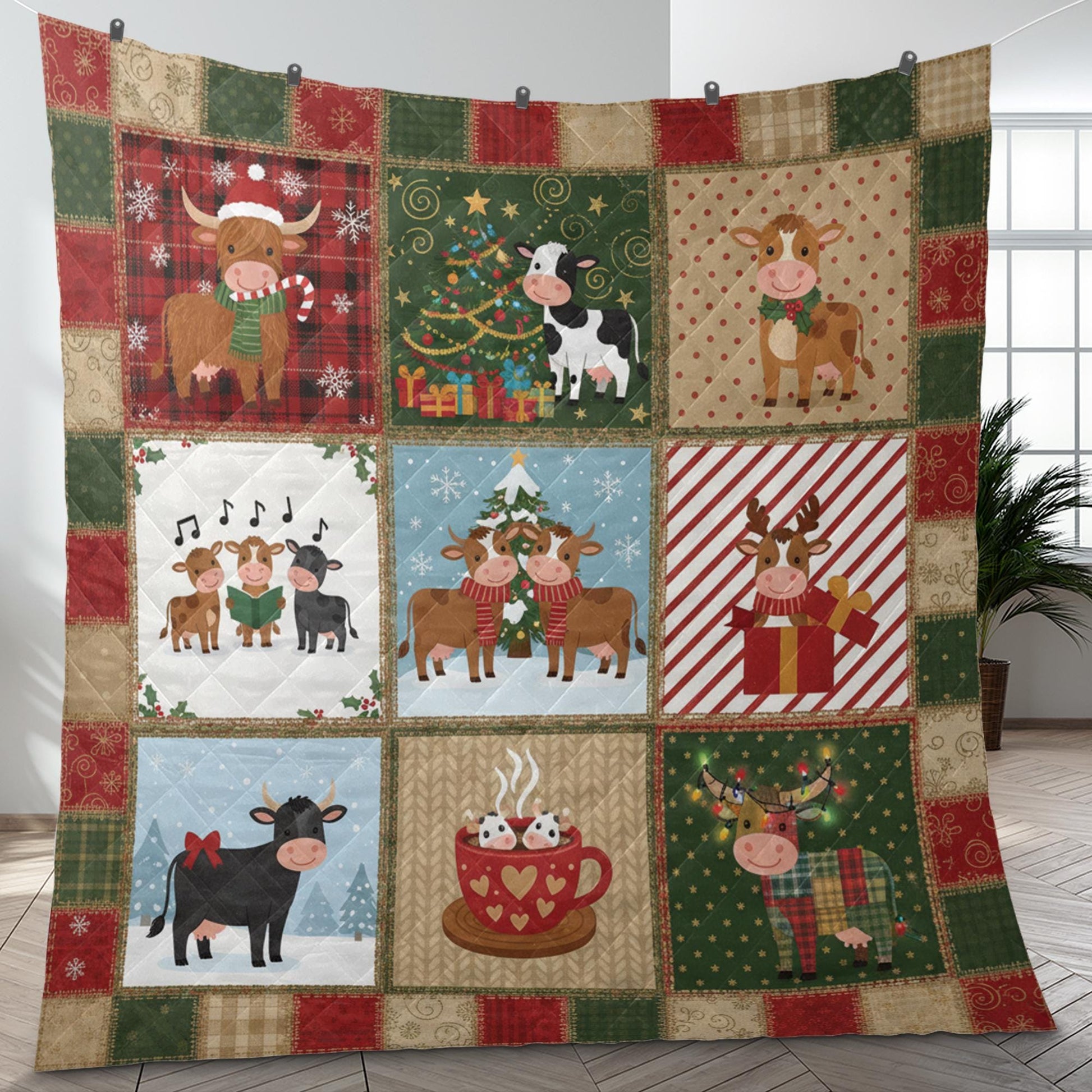 Christmas Cow Quilt Blanket – Farmhouse Holiday Cows Patchwork Throw Quilt