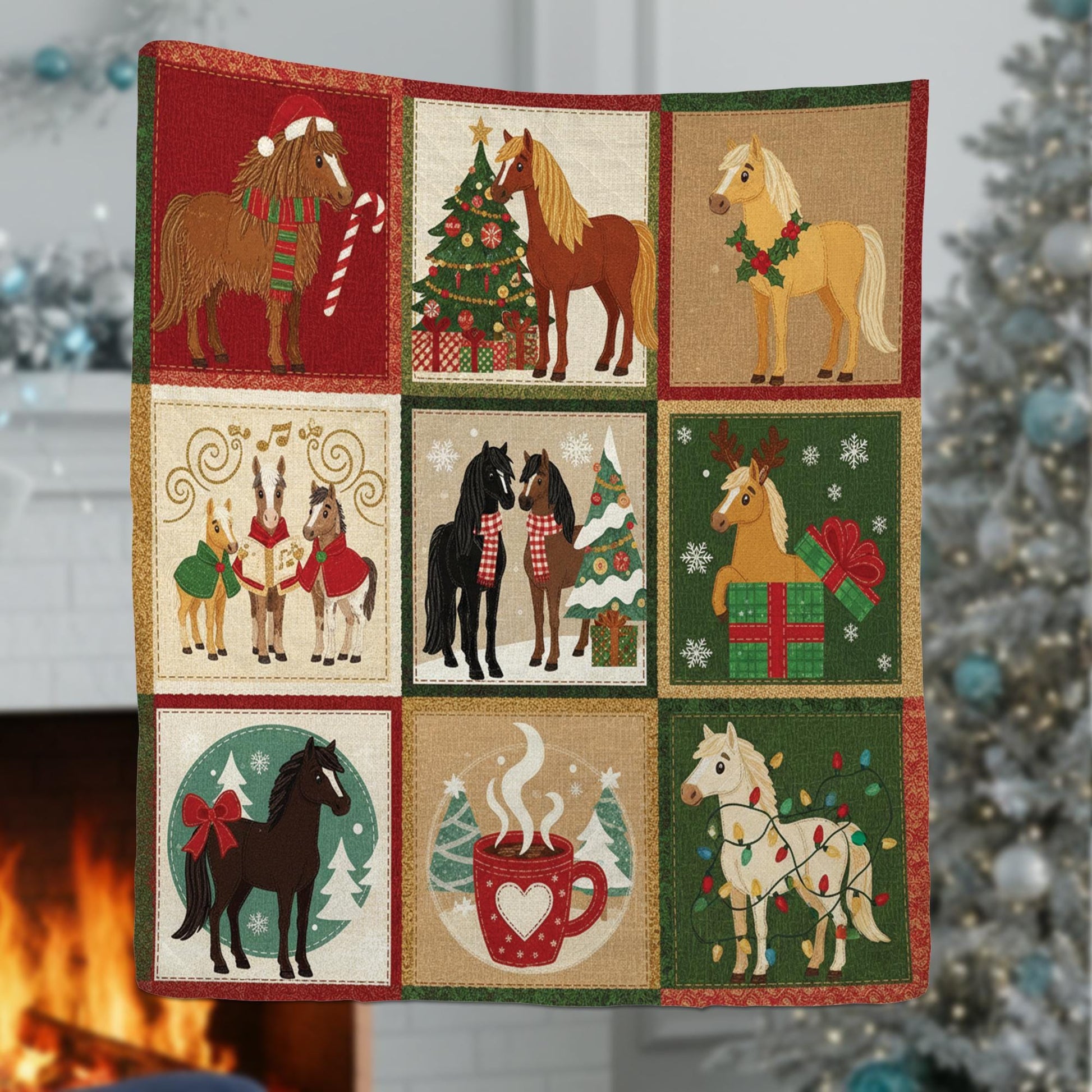Christmas Horse Quilt Blanket – Holiday Farmhouse Horses Patchwork Throw
