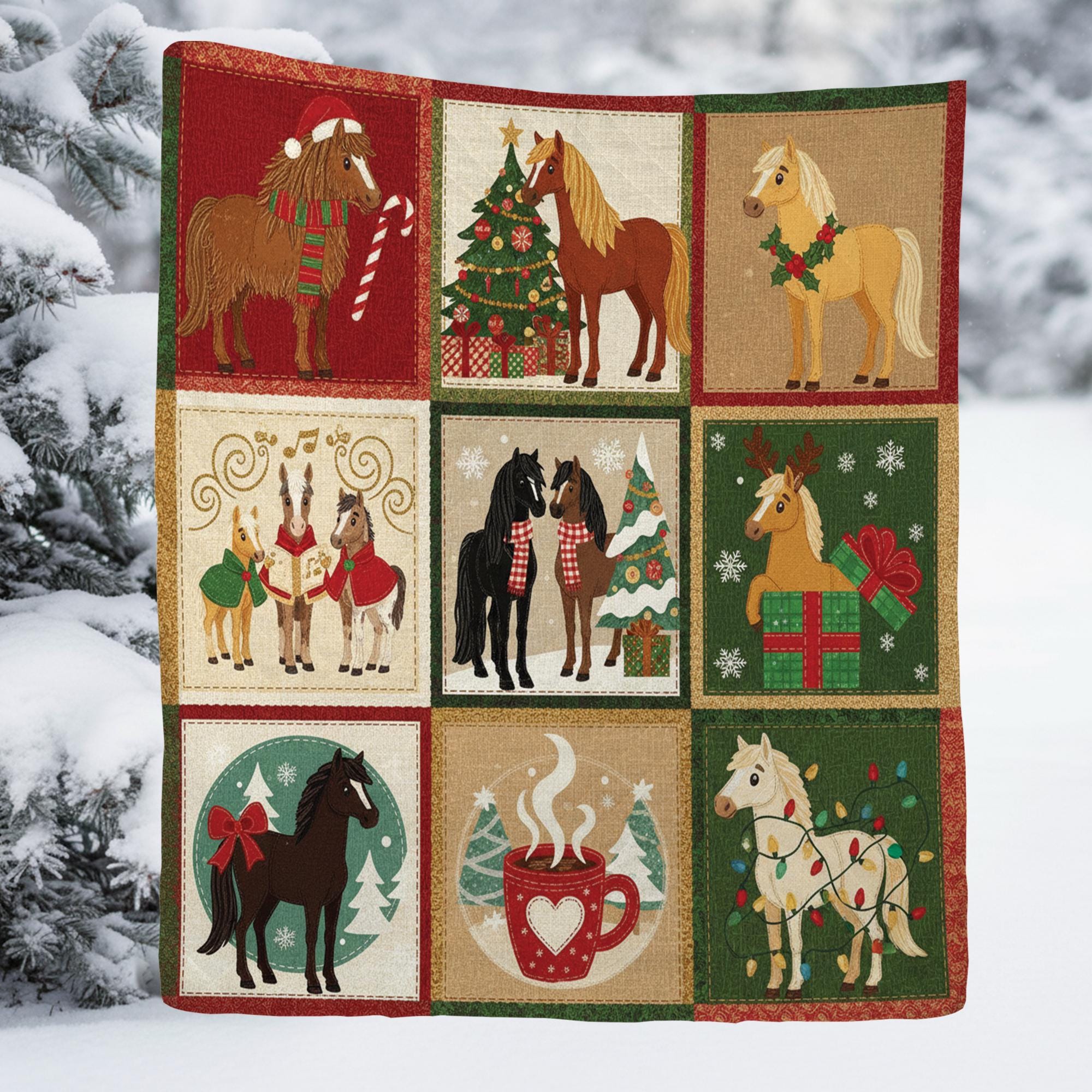 Christmas Horse Quilt Blanket – Holiday Farmhouse Horses Patchwork Throw