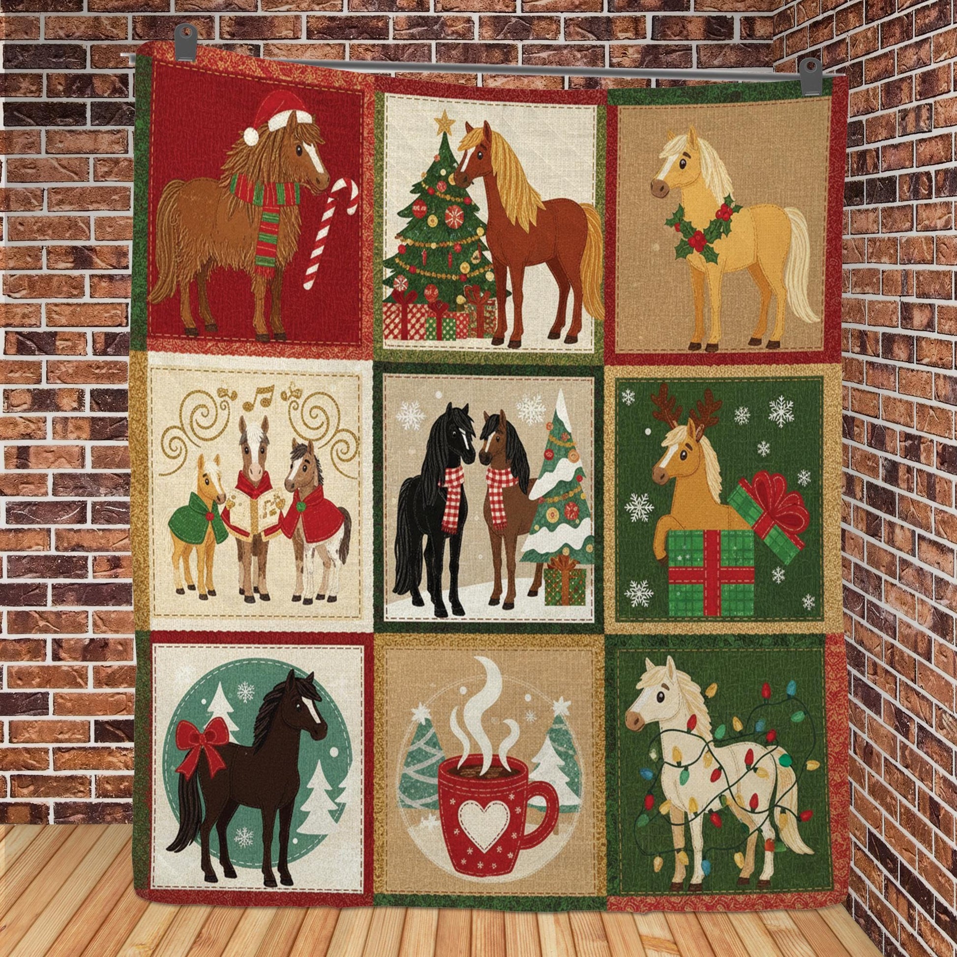 Christmas Horse Quilt Blanket – Holiday Farmhouse Horses Patchwork Throw