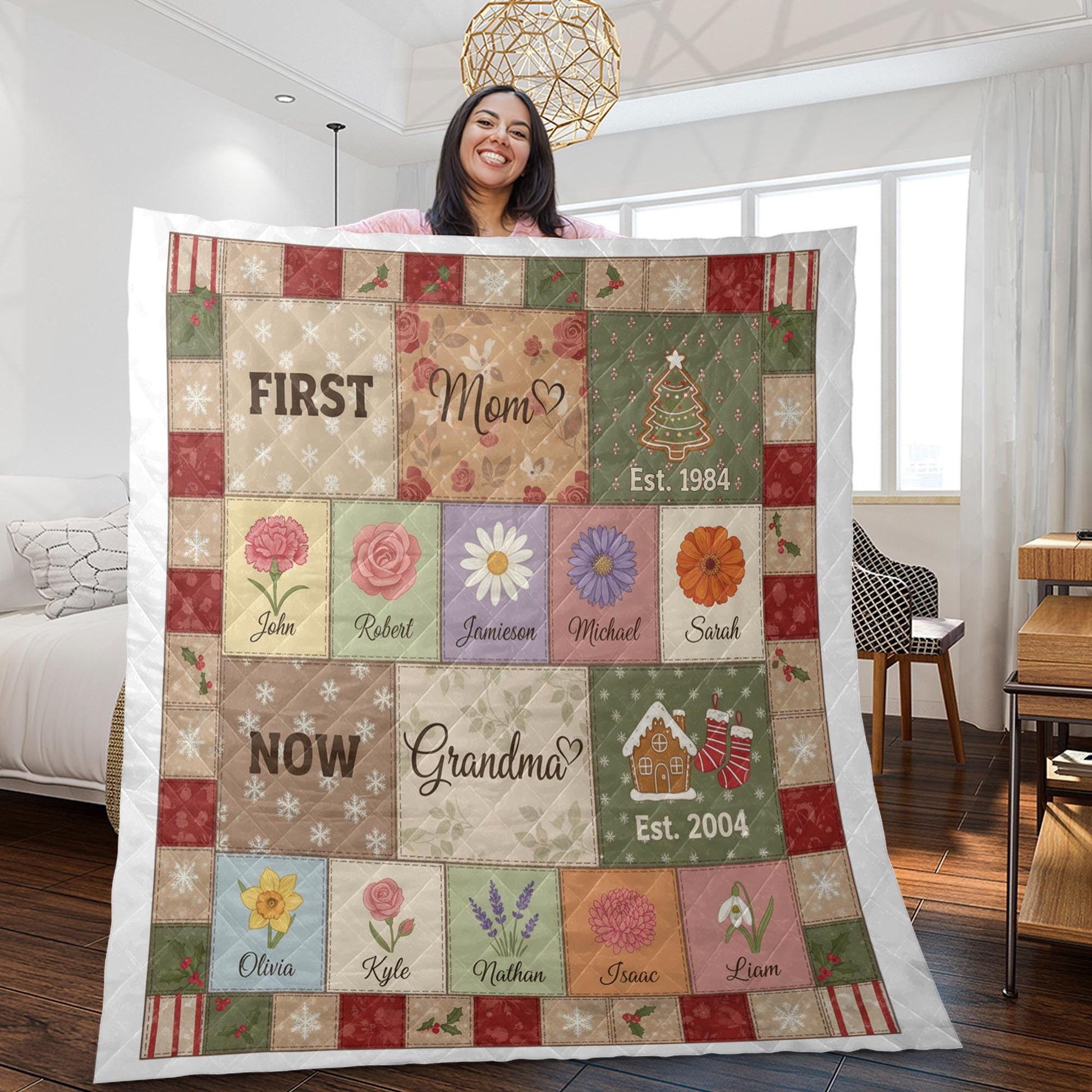 Personalized Mom to Grandma Quilt – Custom Family Name Flower Blanket Gift
