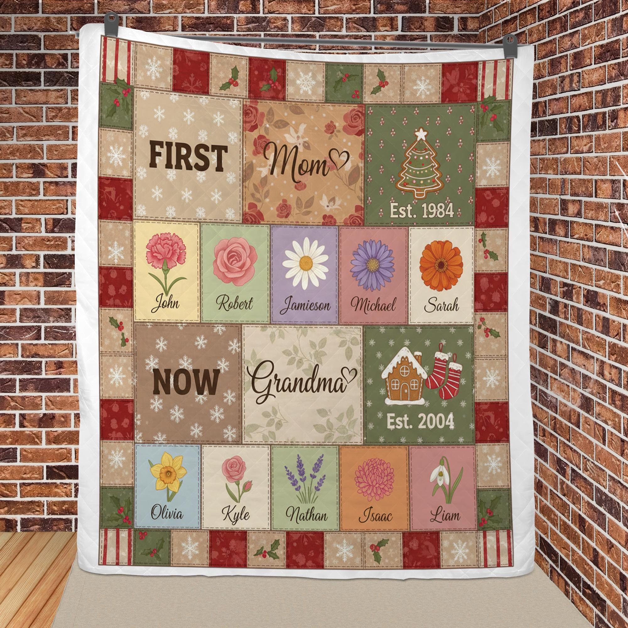 Personalized Mom to Grandma Quilt – Custom Family Name Flower Blanket Gift