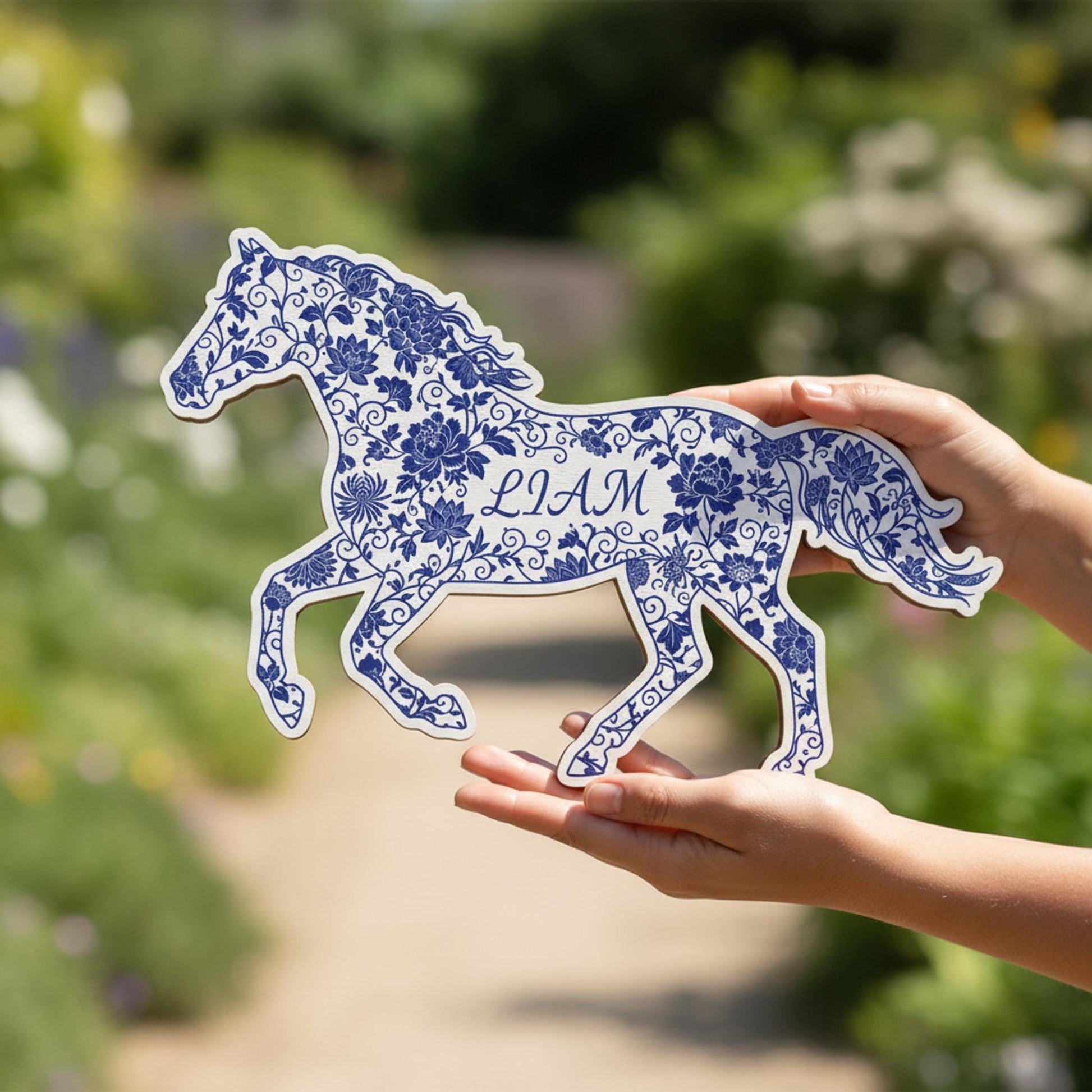 Personalized Chinoiserie Horse Shaped Wood Sign; Custom Name Blue White Floral Decor