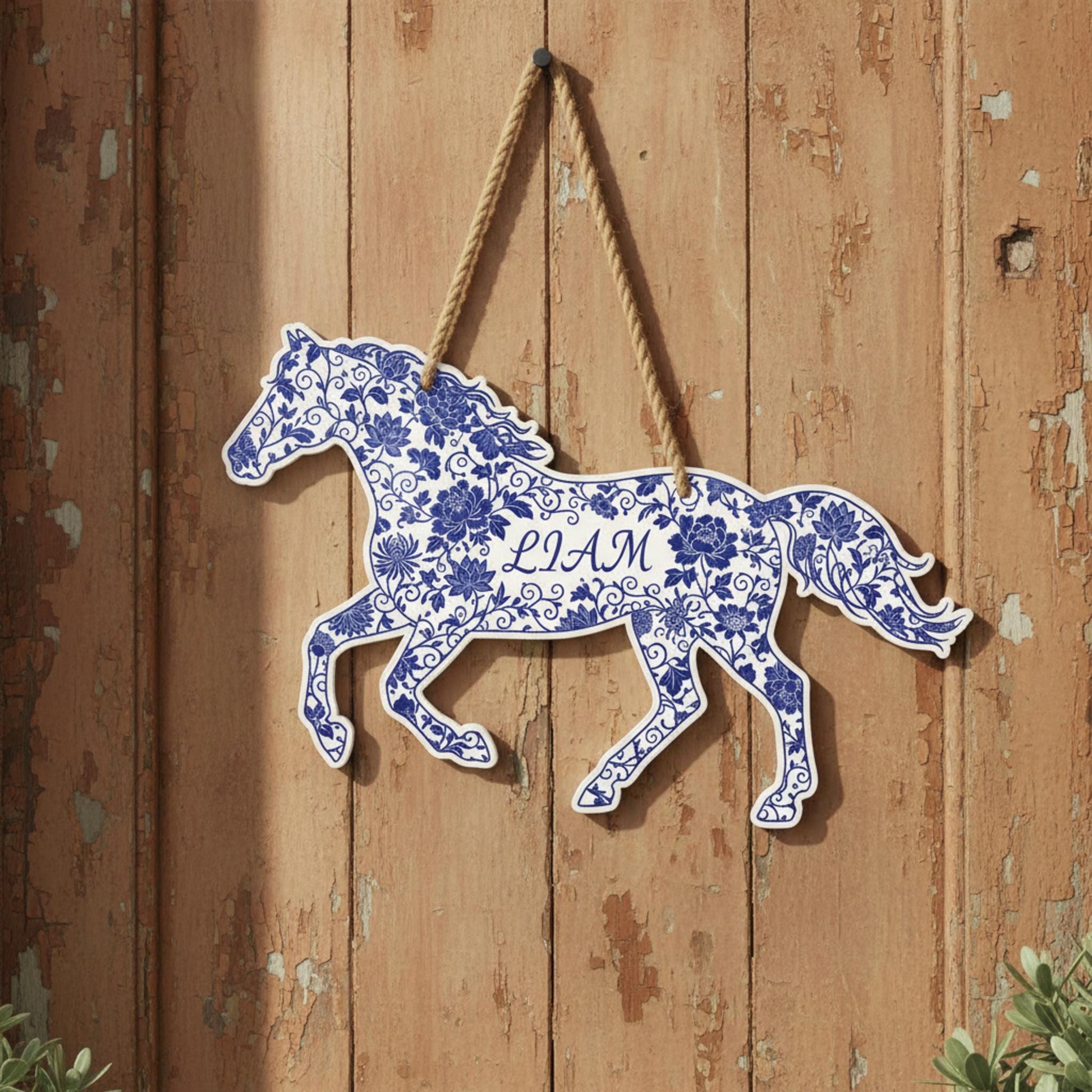 Personalized Chinoiserie Horse Shaped Wood Sign; Custom Name Blue White Floral Decor