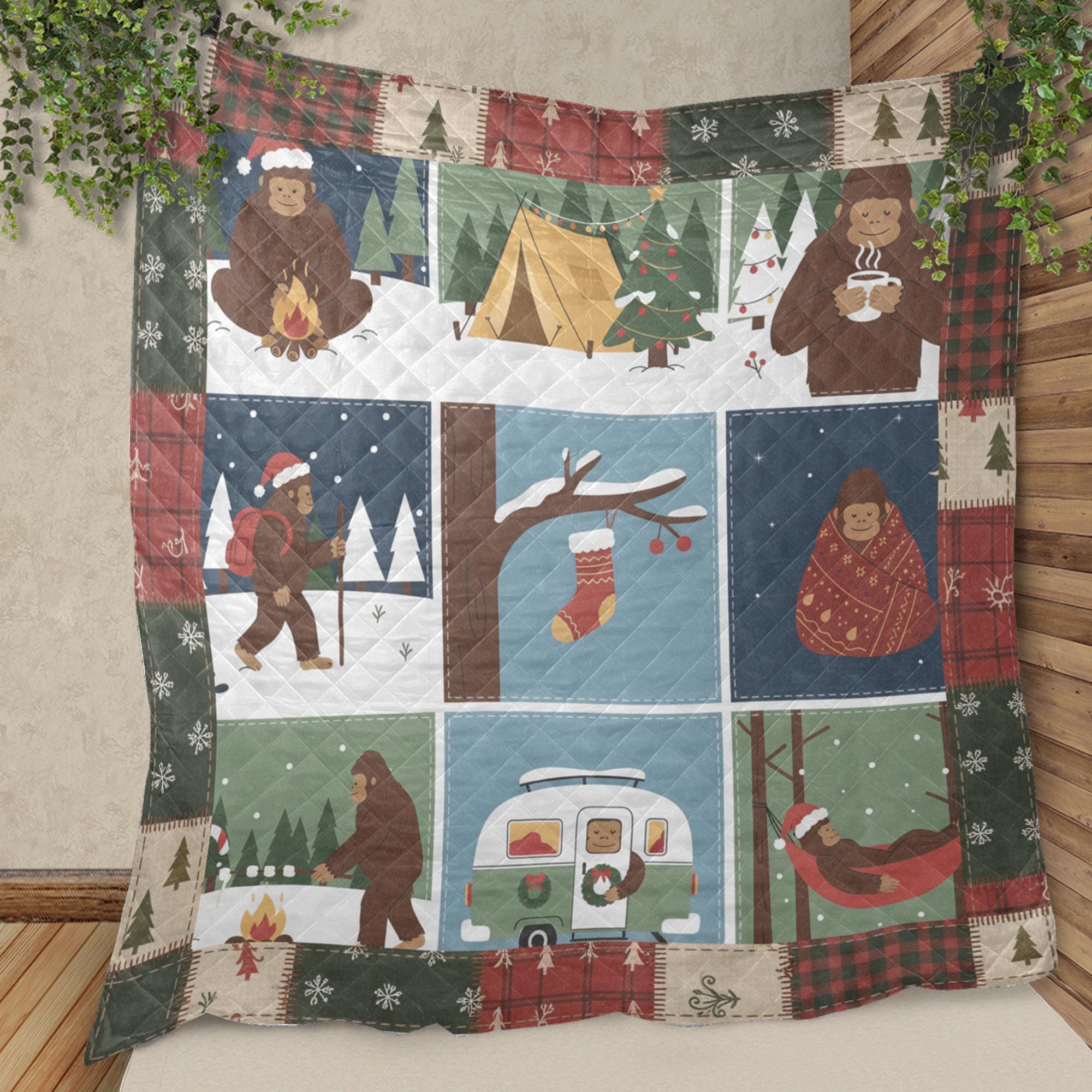 Christmas Bigfoot Quilt Blanket – Cozy Sasquatch Holiday Cabin Throw