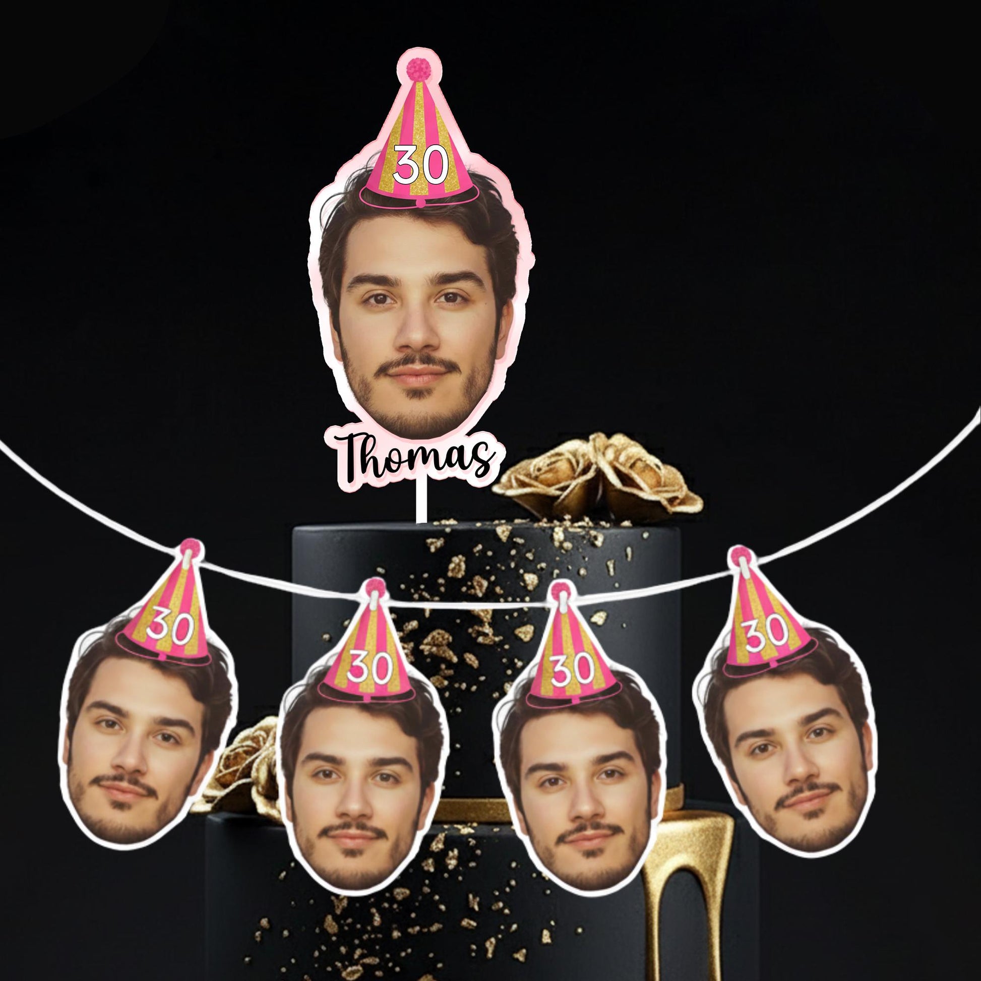 Custom Face Birthday Banner and Mirror Acrylic Cake Topper Set: Personalized Photo Party Decor image 3