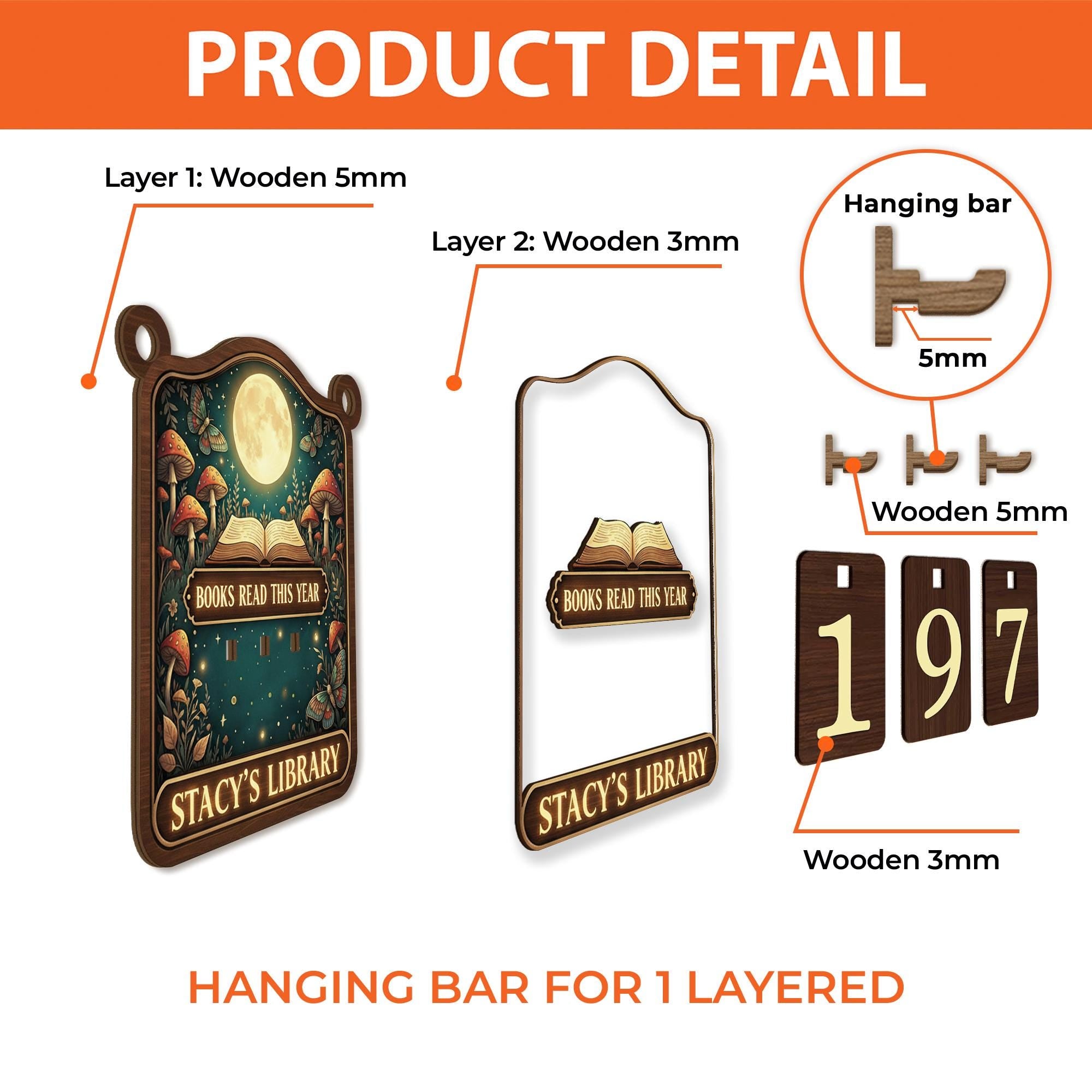 Custom Moon & Mushroom Books Read Tracker Sign - Wooden Reading Counter image 3