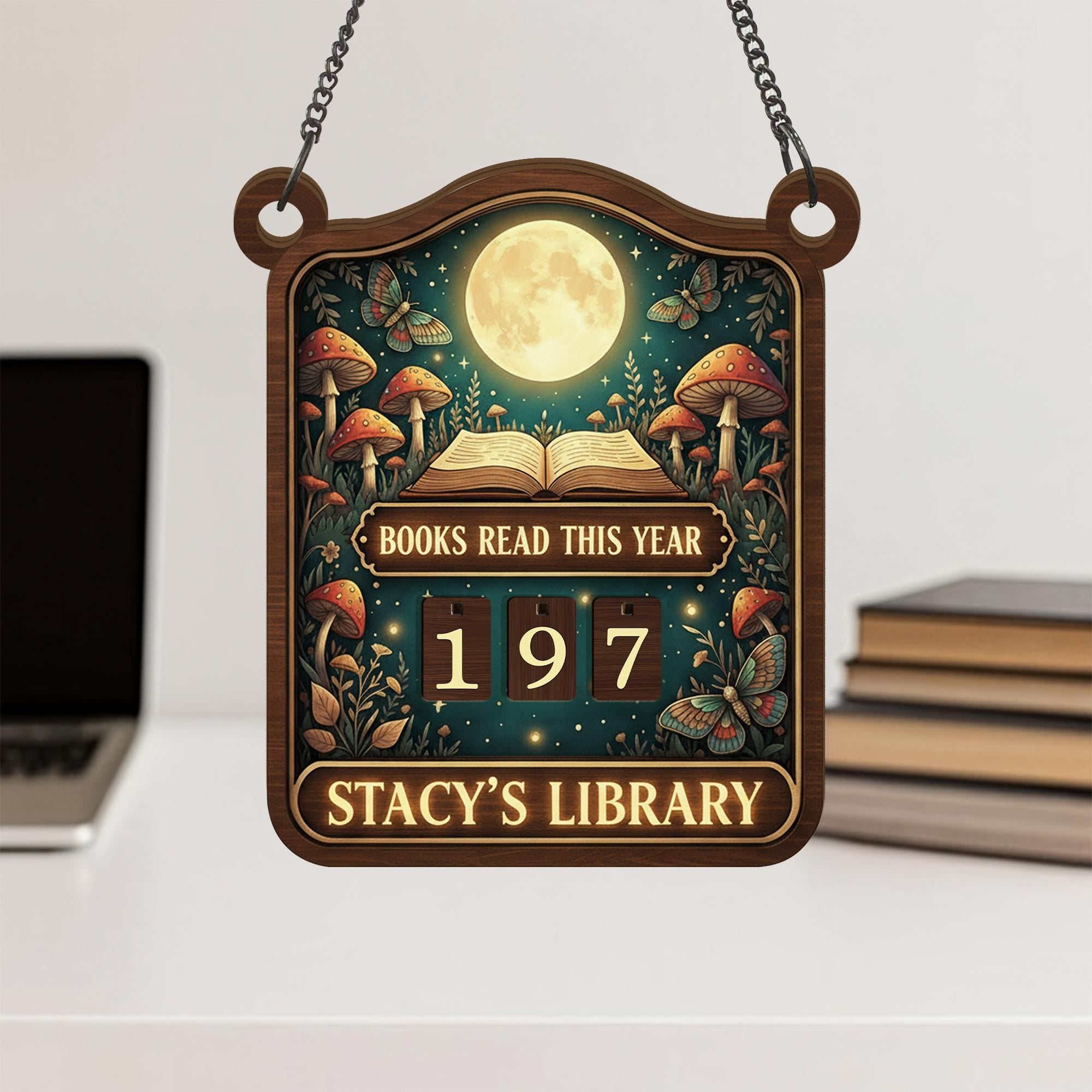 Custom Moon & Mushroom Books Read Tracker Sign - Wooden Reading Counter image 7