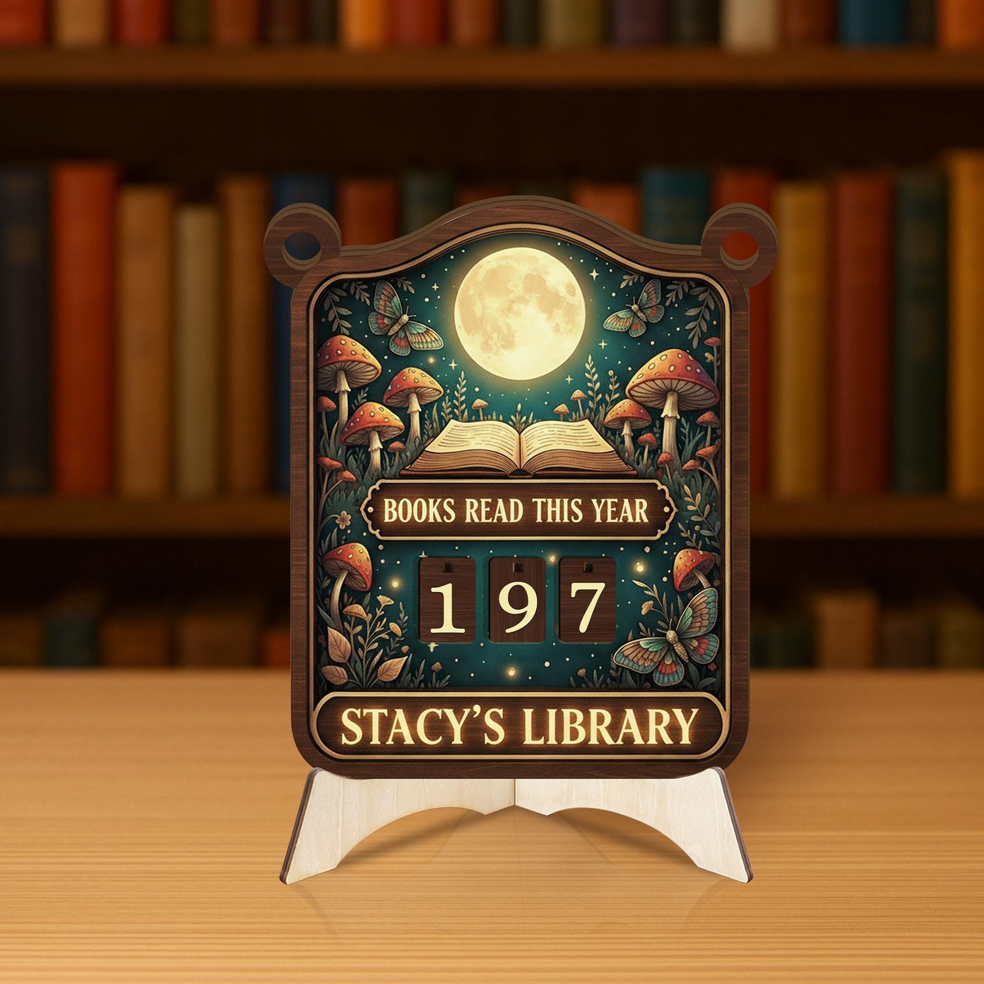 Custom Moon & Mushroom Books Read Tracker Sign - Wooden Reading Counter image 6