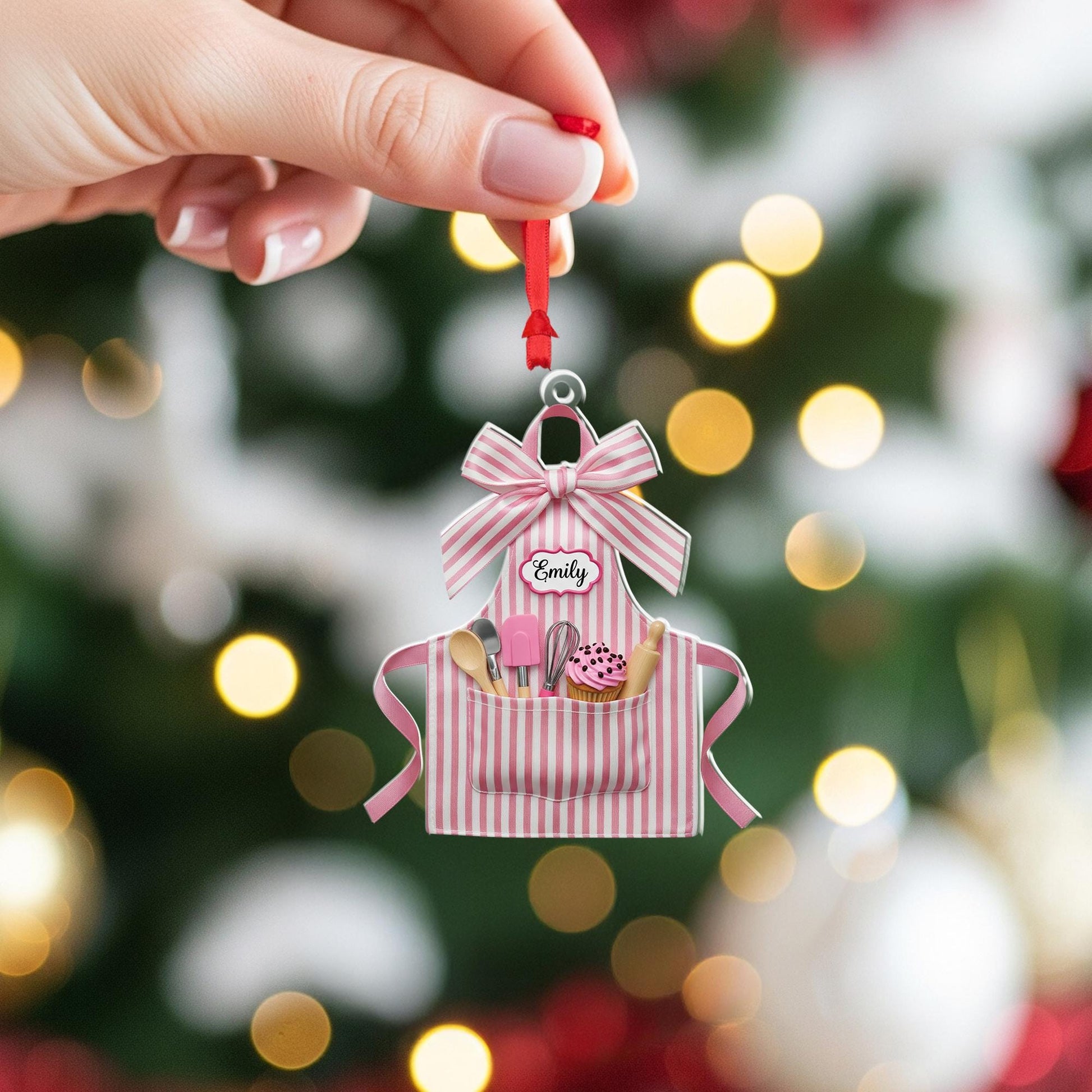 Personalized Baker Apron Ornament – Custom Name Kitchen Decor – Pink Striped Cooking Ornament