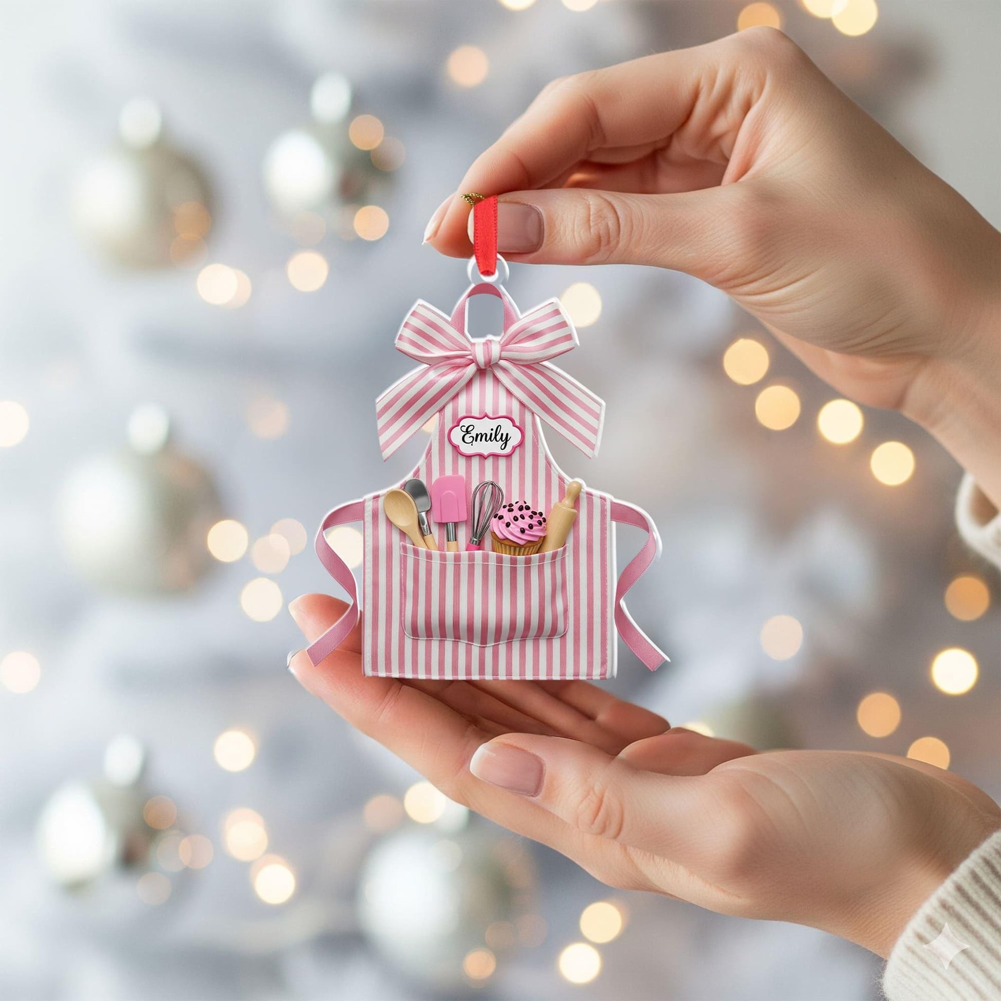 Personalized Baker Apron Ornament – Custom Name Kitchen Decor – Pink Striped Cooking Ornament