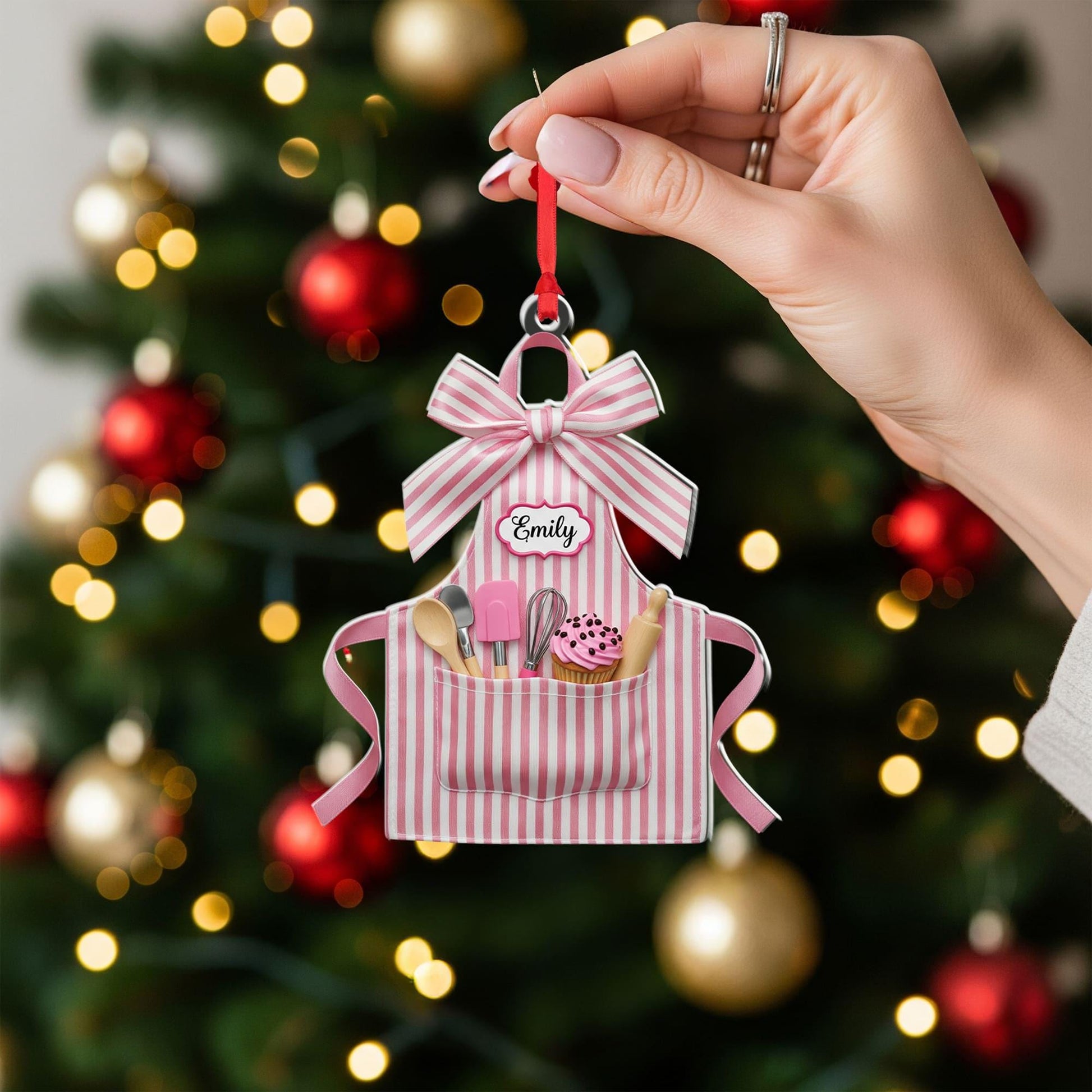 Personalized Baker Apron Ornament – Custom Name Kitchen Decor – Pink Striped Cooking Ornament