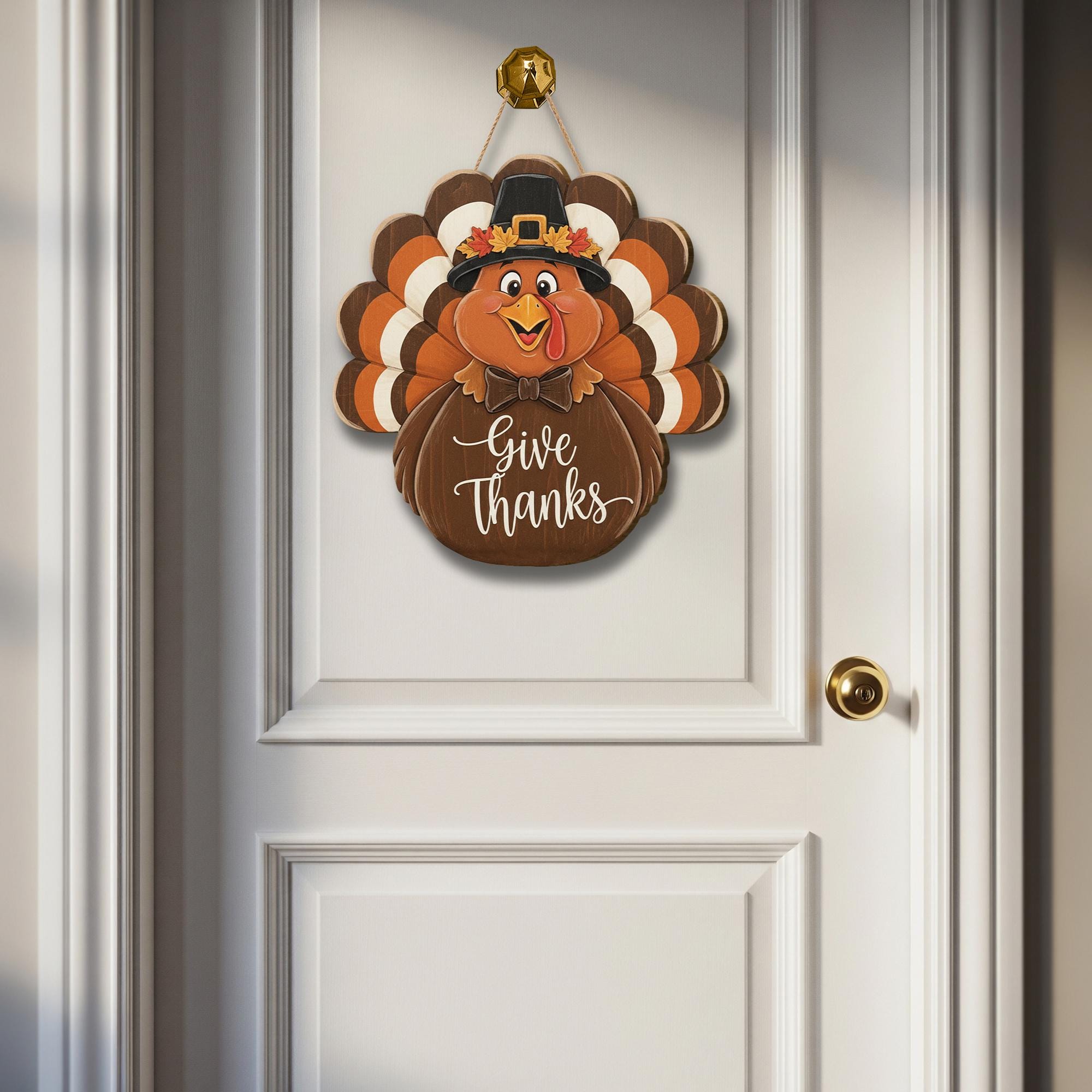 Give Thanks Turkey Door Sign - Thanksgiving Pilgrim Wooden Wall Decor