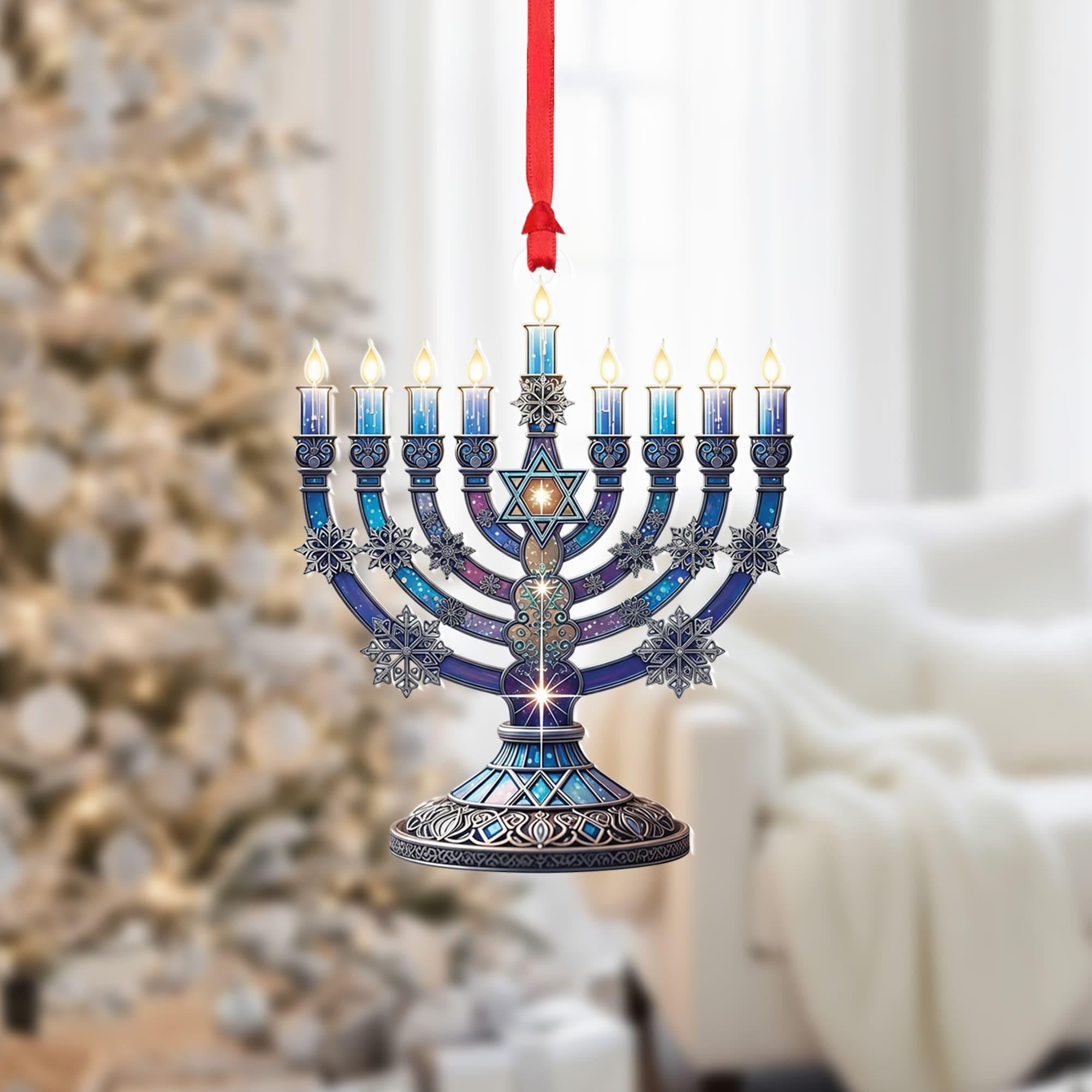 Hanukkah Menorah Ornament – Jewish Holiday Decoration – Blue Star of David Ornament – Festival of Lights Decor