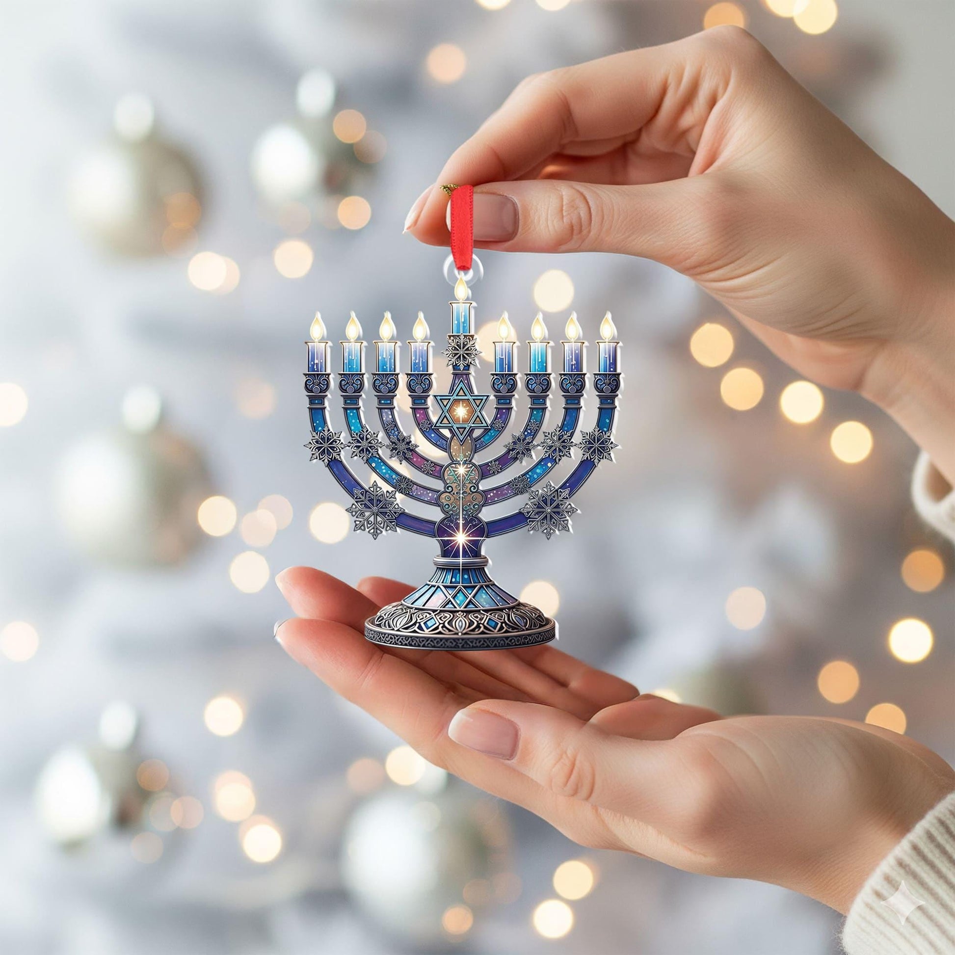 Hanukkah Menorah Ornament – Jewish Holiday Decoration – Blue Star of David Ornament – Festival of Lights Decor