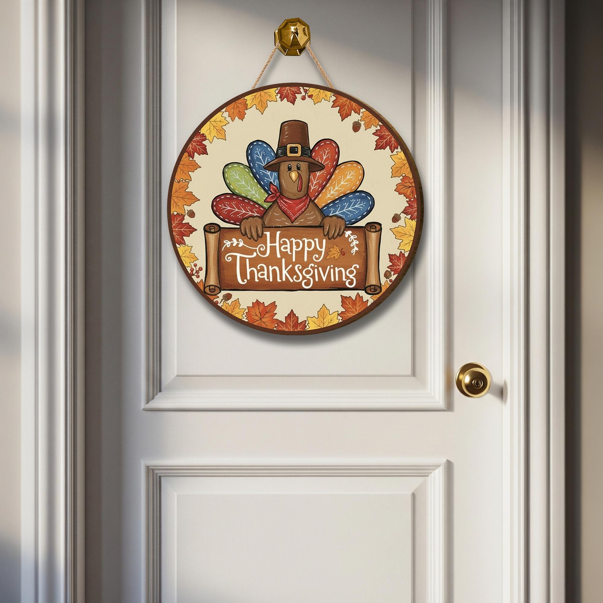 Happy Thanksgiving Turkey Round Door Sign - Fall Leaves Wooden Wall Decor
