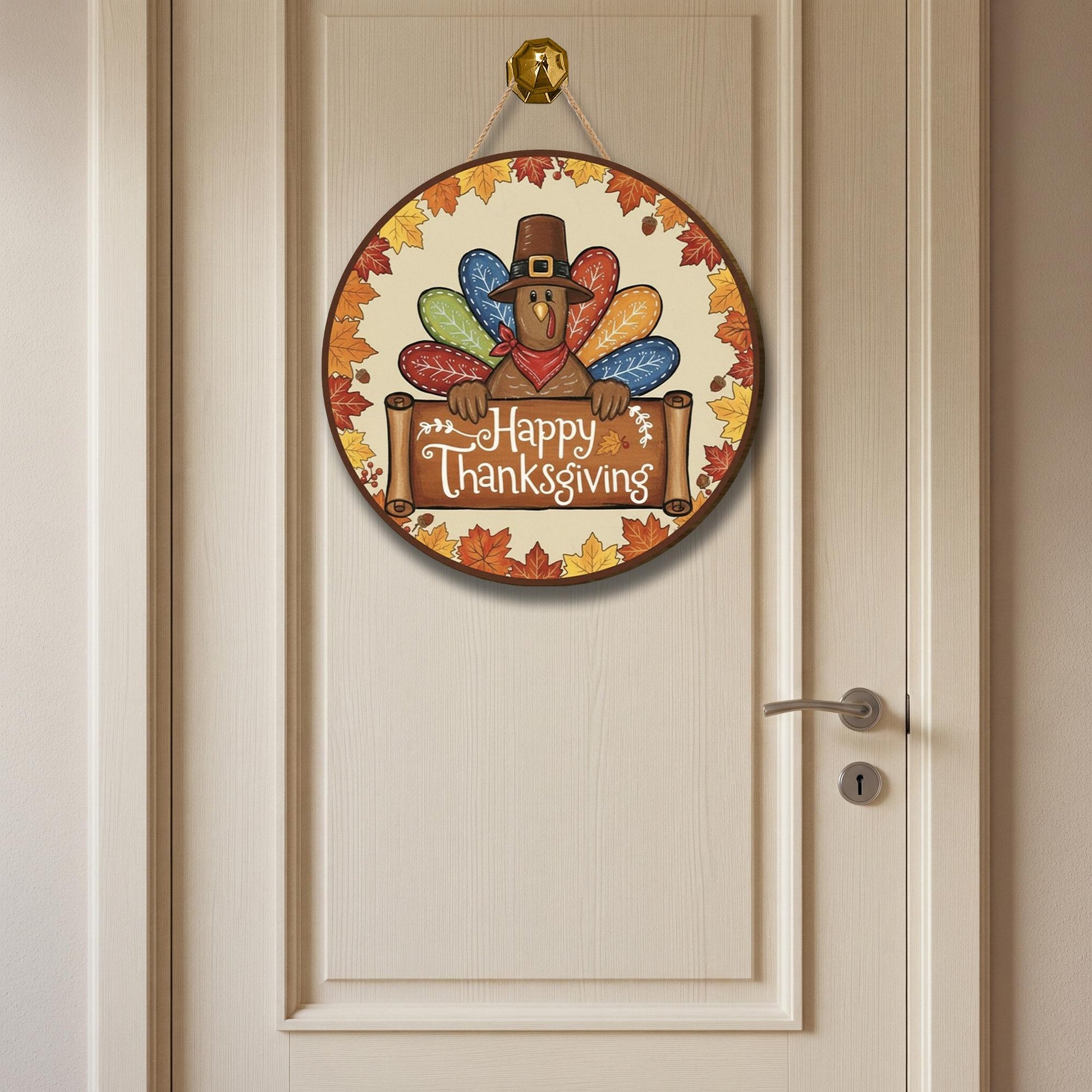 Happy Thanksgiving Turkey Round Door Sign - Fall Leaves Wooden Wall Decor