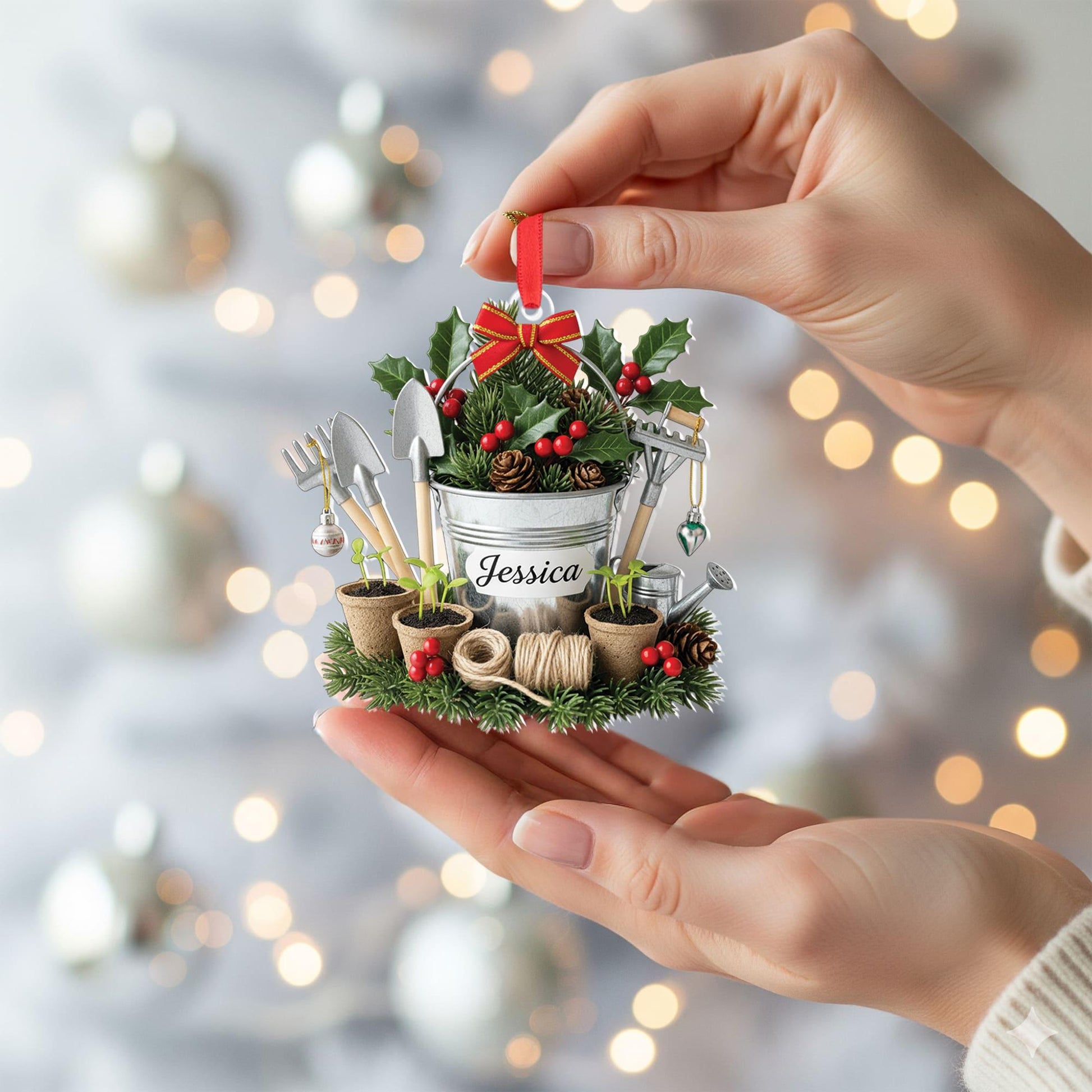 Personalized Gardening Ornament – Custom Name Garden Decor – Holiday Plant Bucket Decoration