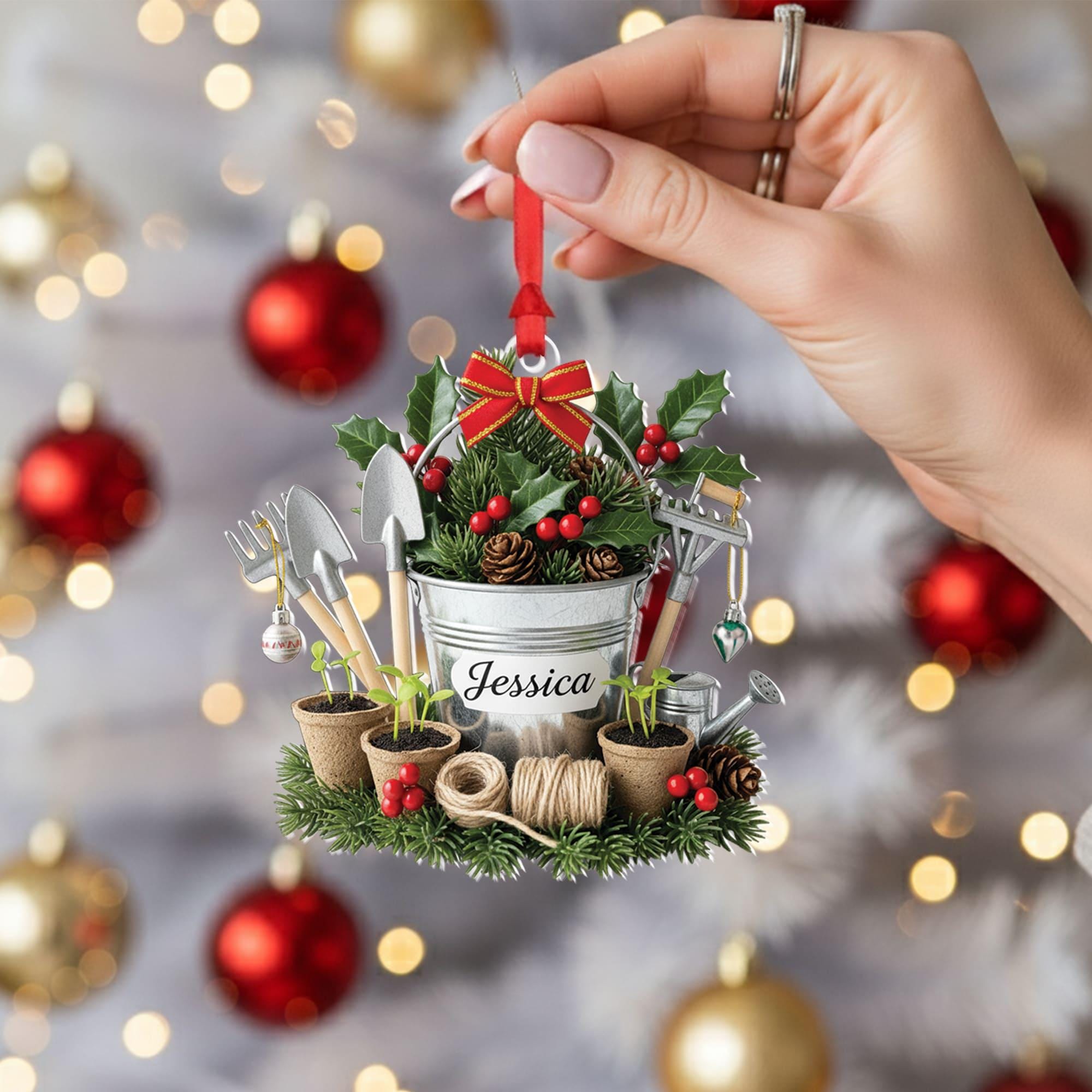 Personalized Gardening Ornament – Custom Name Garden Decor – Holiday Plant Bucket Decoration