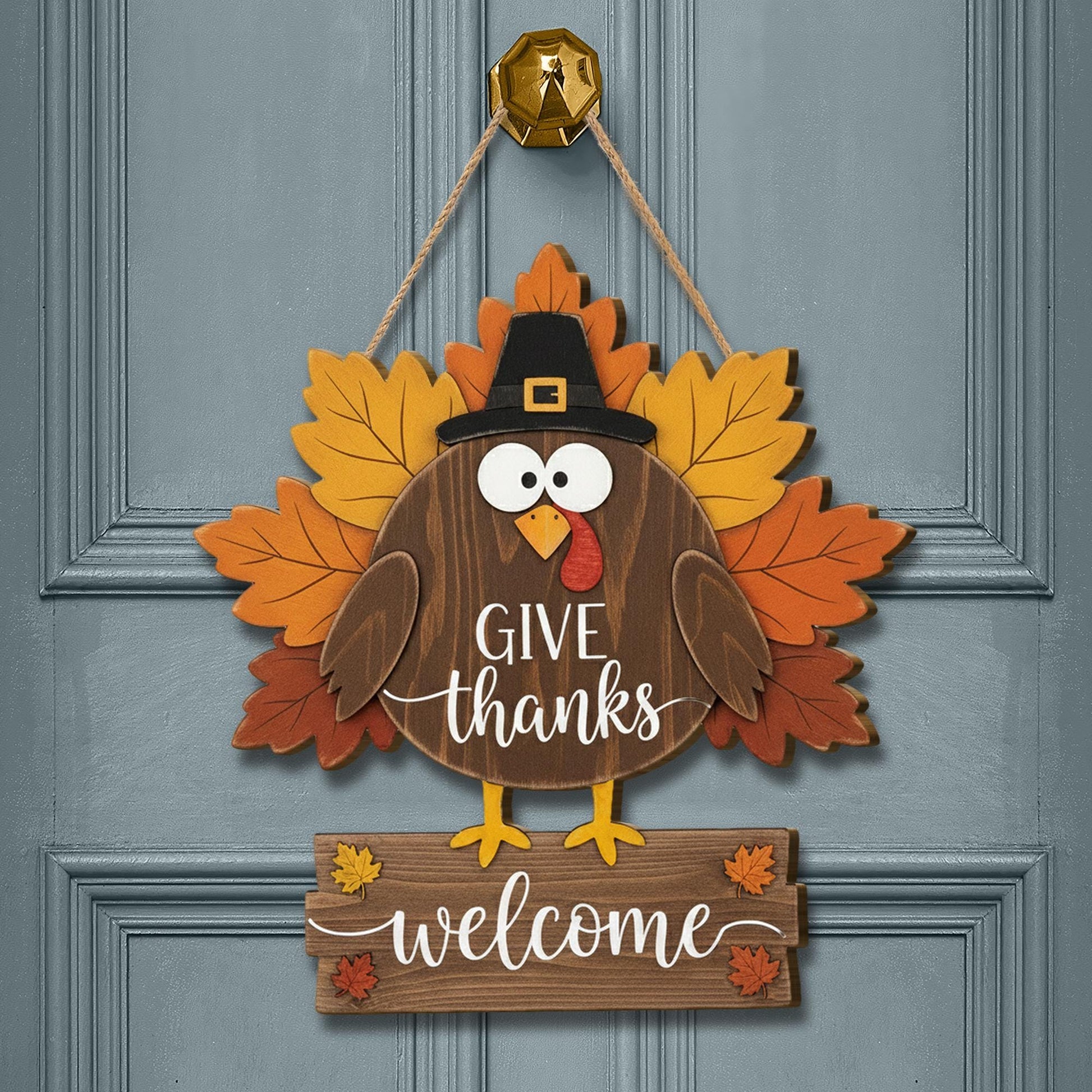 Turkey Wooden Door Sign - Give Thanks Welcome Fall Hanger, Rustic Autumn Decor