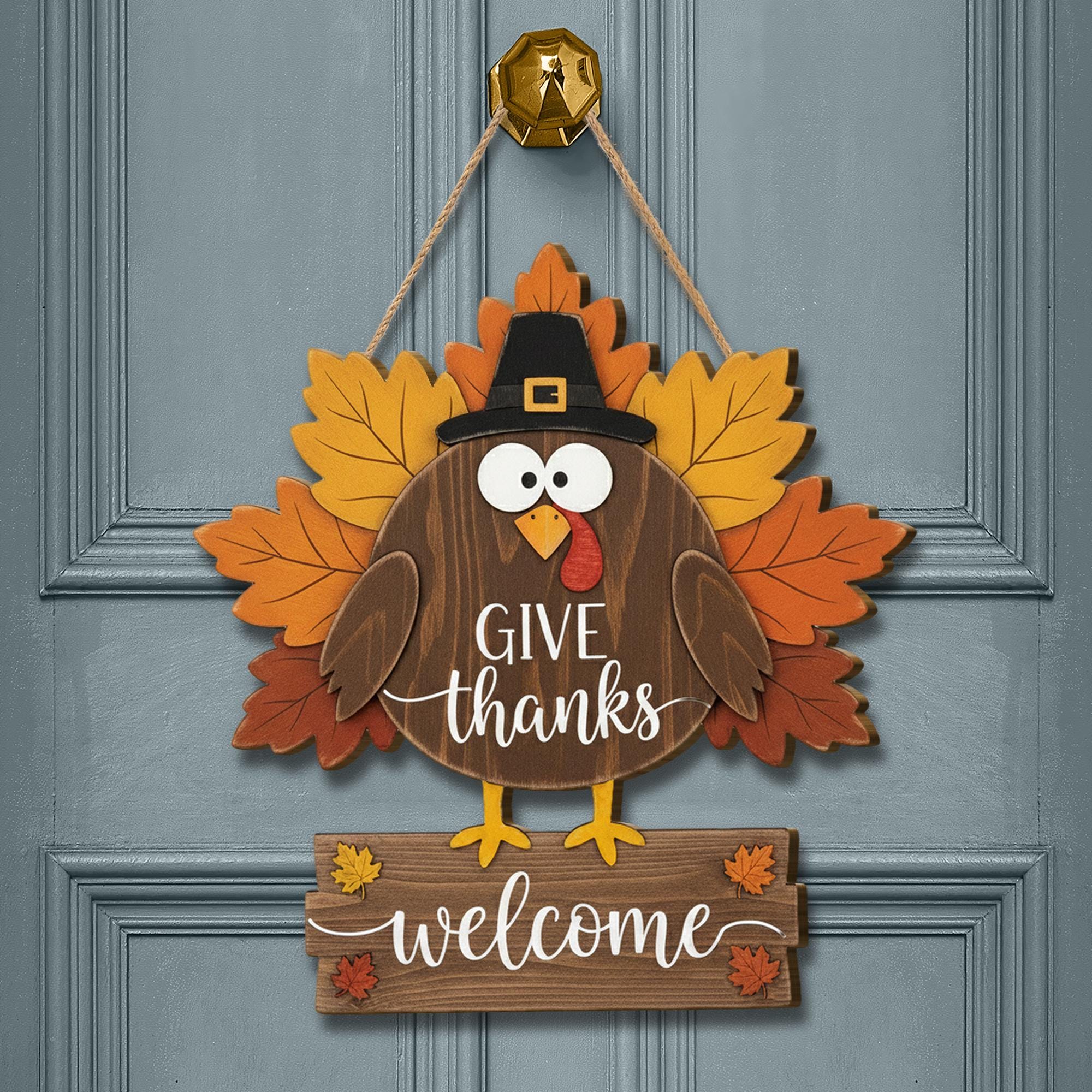Turkey Wooden Door Sign - Give Thanks Welcome Fall Hanger, Rustic Autumn Decor