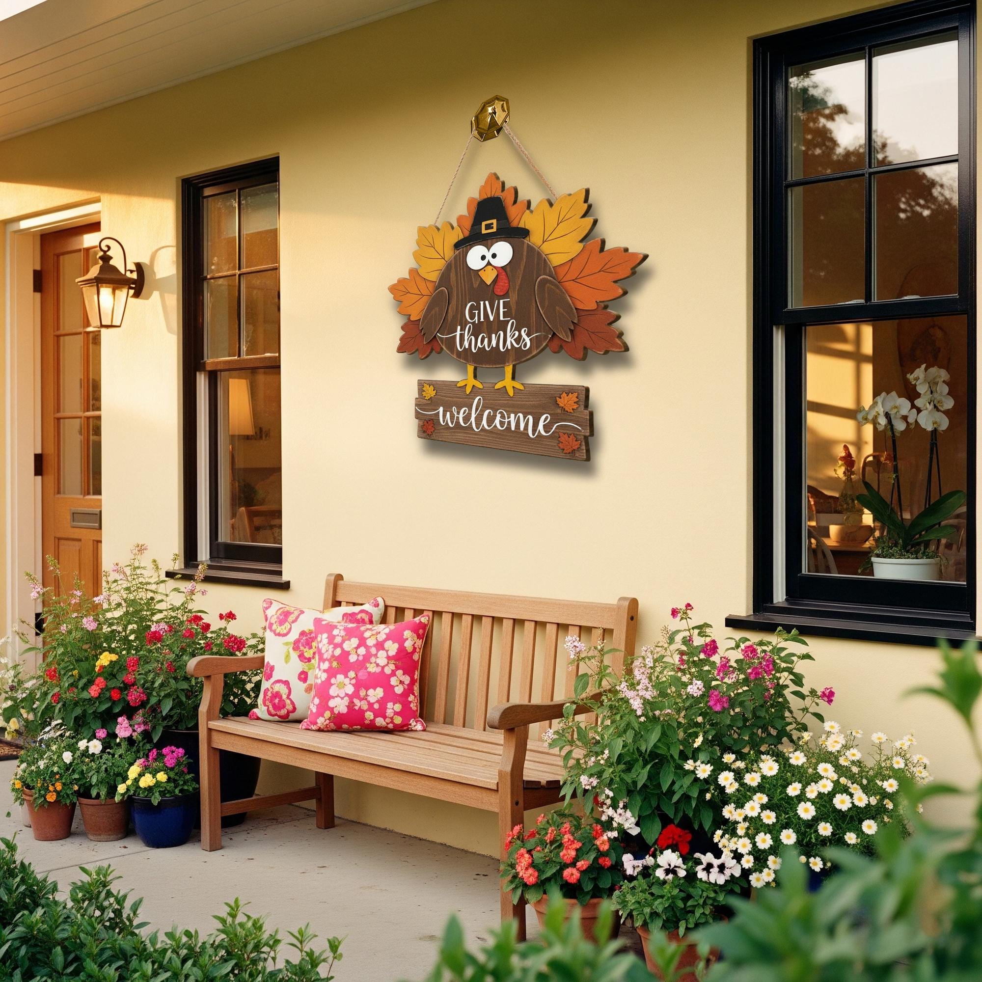 Turkey Wooden Door Sign - Give Thanks Welcome Fall Hanger, Rustic Autumn Decor