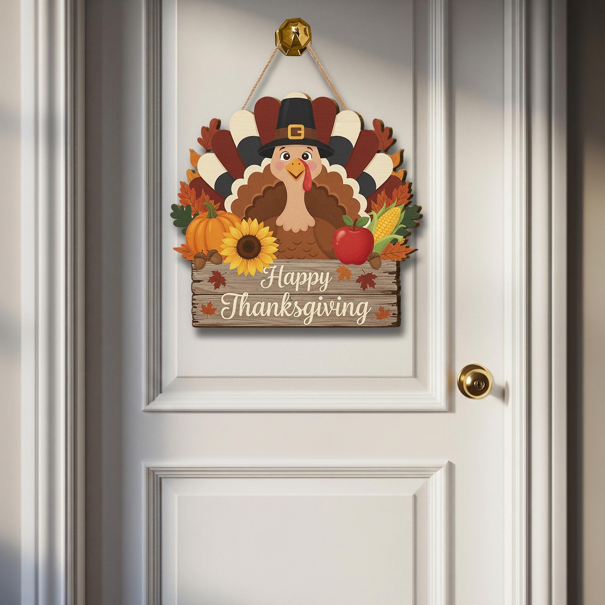 Happy Thanksgiving Turkey Wooden Door Sign - Fall Harvest Pumpkin Welcome Decor