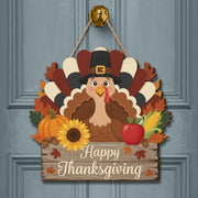 Happy Thanksgiving Turkey Wooden Door Sign - Fall Harvest Pumpkin Welcome Decor