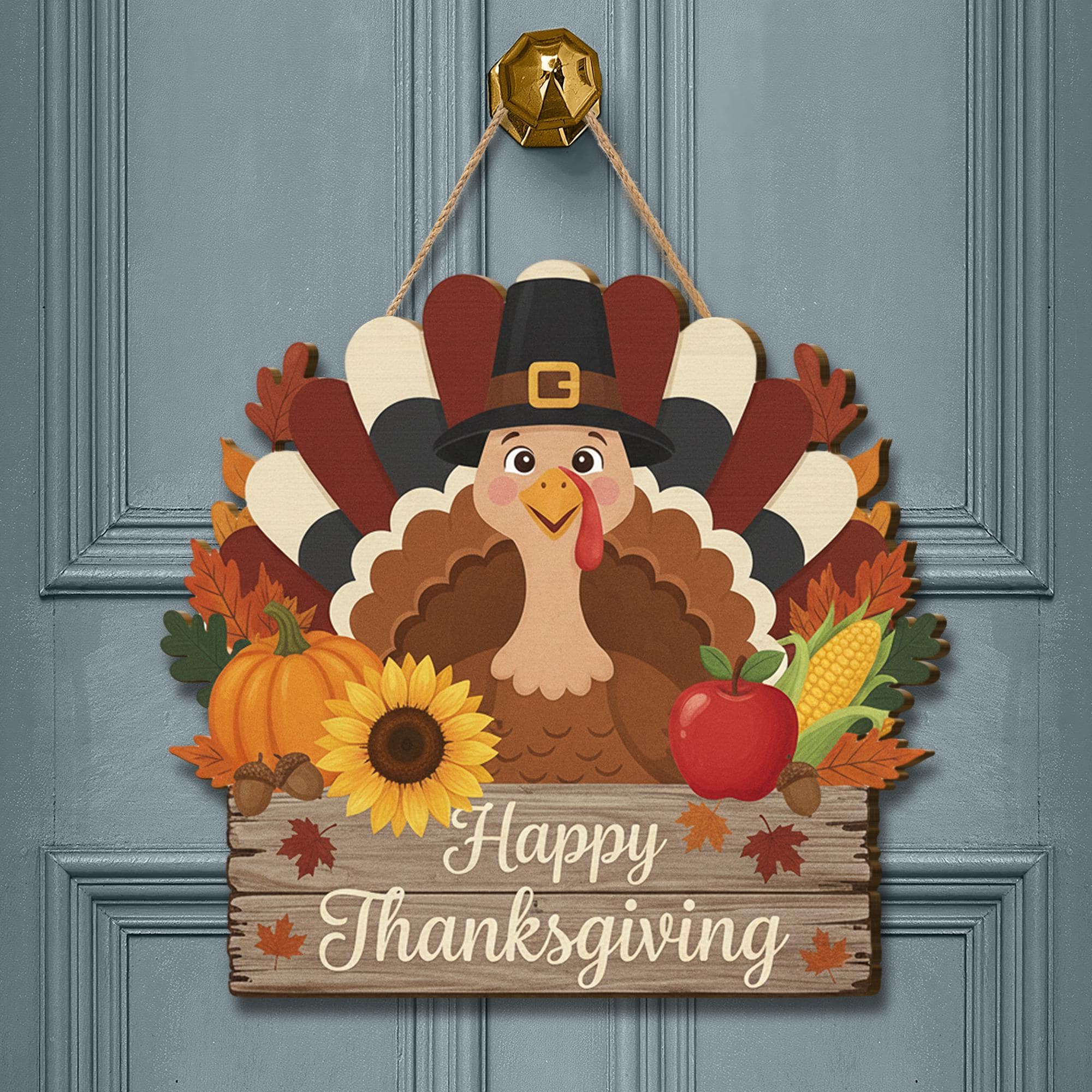 Happy Thanksgiving Turkey Wooden Door Sign - Fall Harvest Pumpkin Welcome Decor