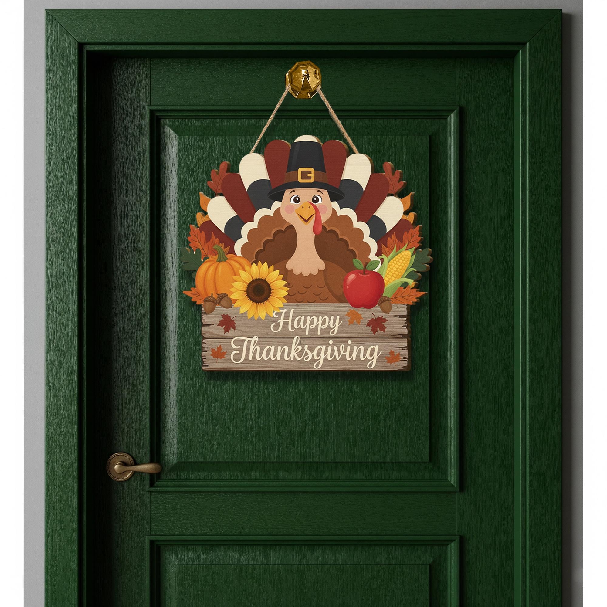 Happy Thanksgiving Turkey Wooden Door Sign - Fall Harvest Pumpkin Welcome Decor