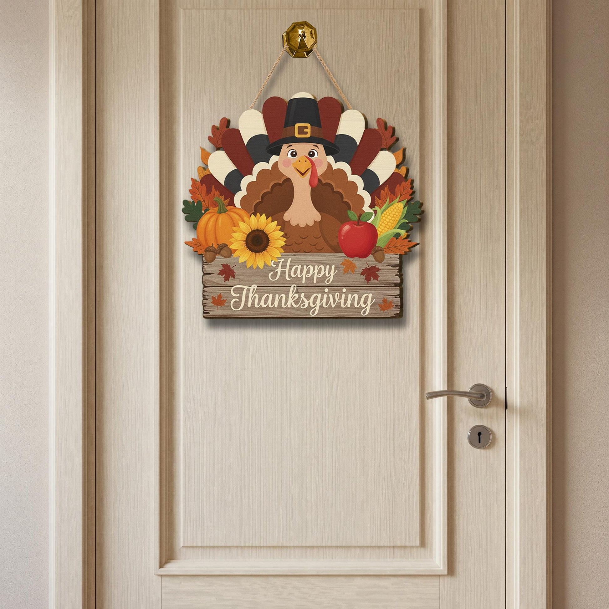 Happy Thanksgiving Turkey Wooden Door Sign - Fall Harvest Pumpkin Welcome Decor