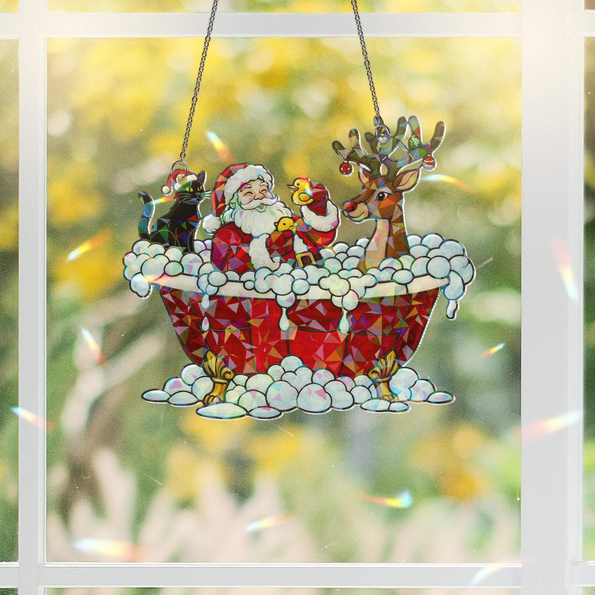 Santa and Reindeer Window Hanging, Holographic Christmas Suncatcher Decor