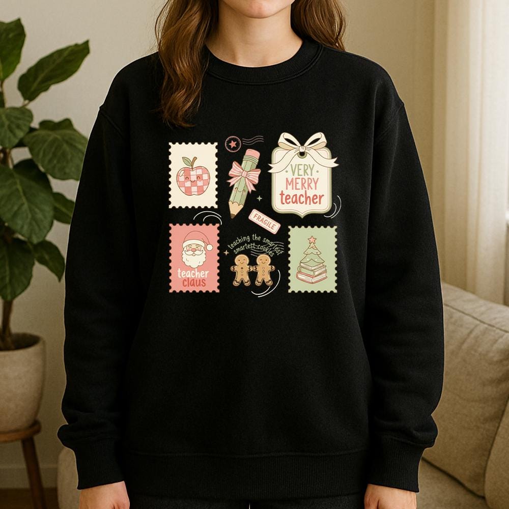 Teacher Sweatshirt — Cotton Blend Holiday Stamp Motif