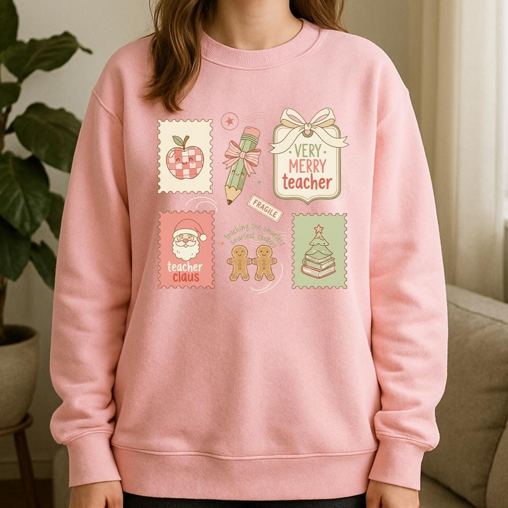 Teacher Sweatshirt — Cotton Blend Holiday Stamp Motif