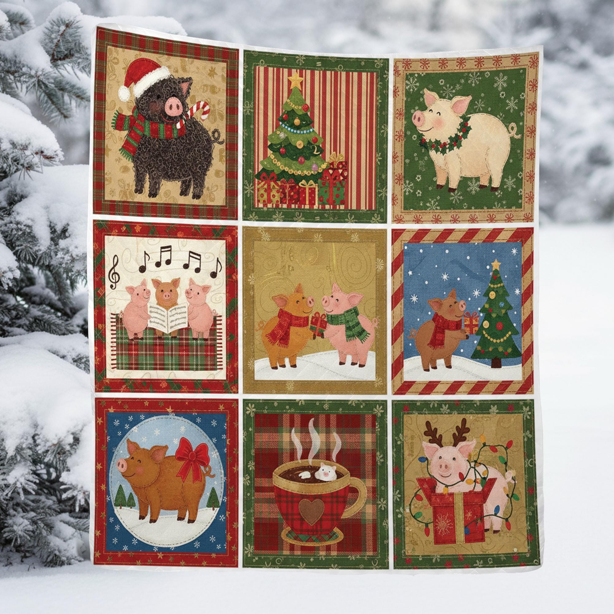 Christmas Pig Blanket, Cute Farm Animal Holiday Quilt Throw for Winter Decor