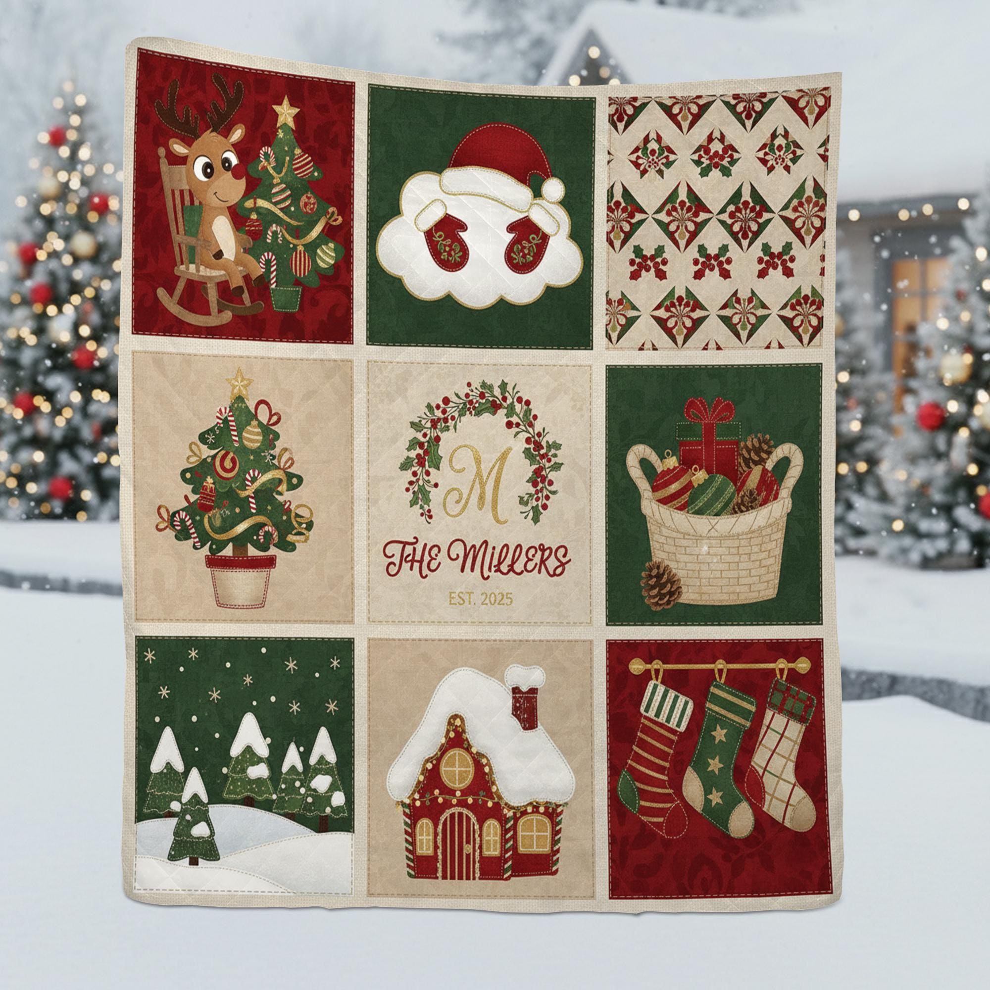 Personalized Christmas Quilt Blanket, Custom Family Name Holiday Throw Decor