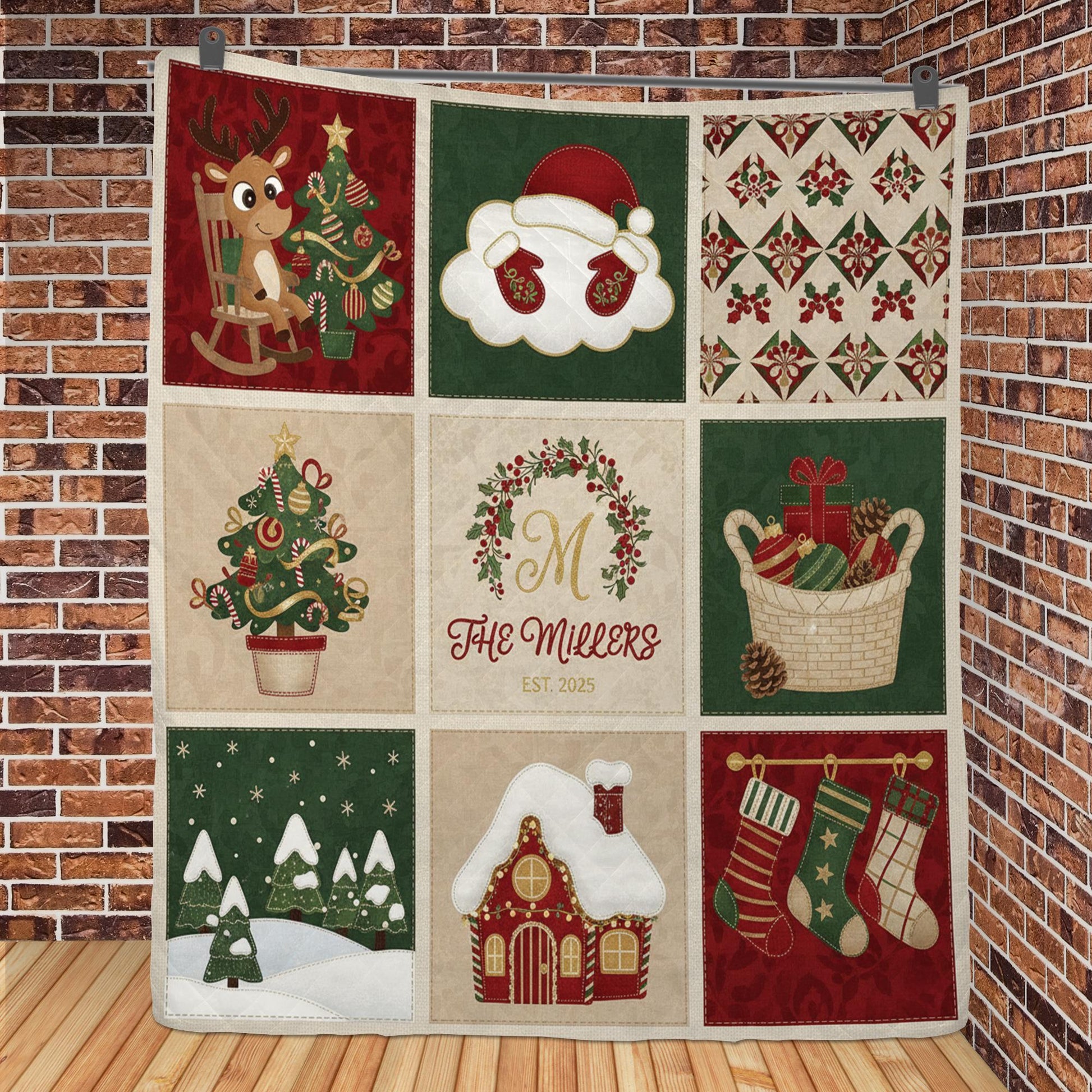 Personalized Christmas Quilt Blanket, Custom Family Name Holiday Throw Decor
