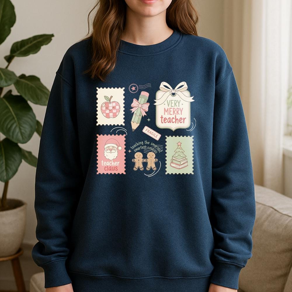 Teacher Sweatshirt — Cotton Blend Holiday Stamp Motif