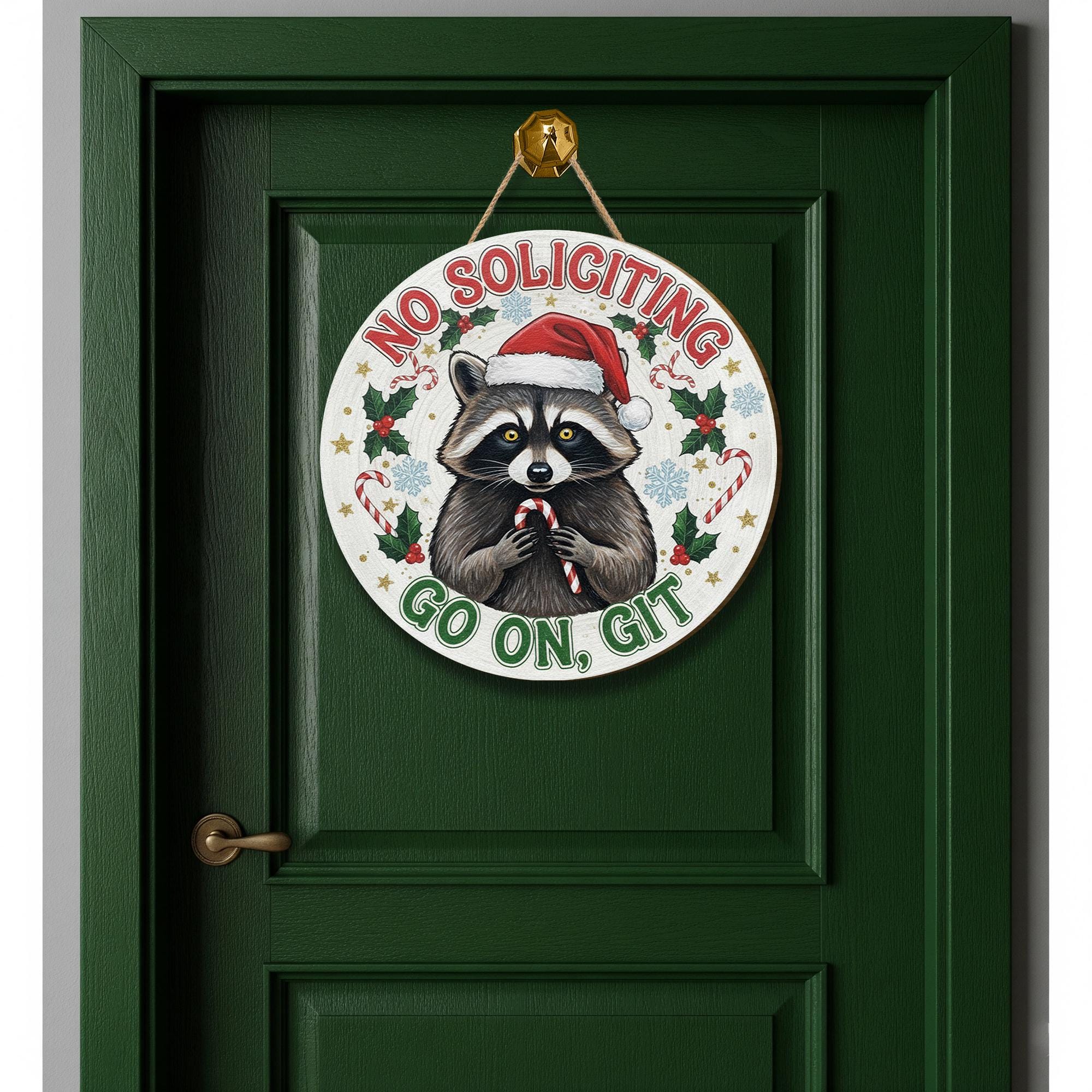 Funny No Soliciting Christmas Sign, Raccoon Holiday Wood Door Hanging Decor