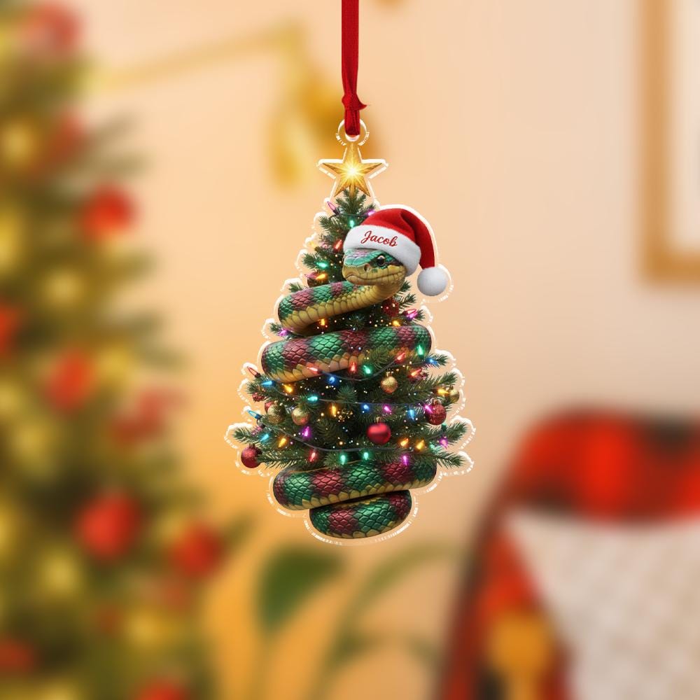 Personalized Snake Tree Ornament — Acrylic Coiled Snake with Lights & Santa Hat