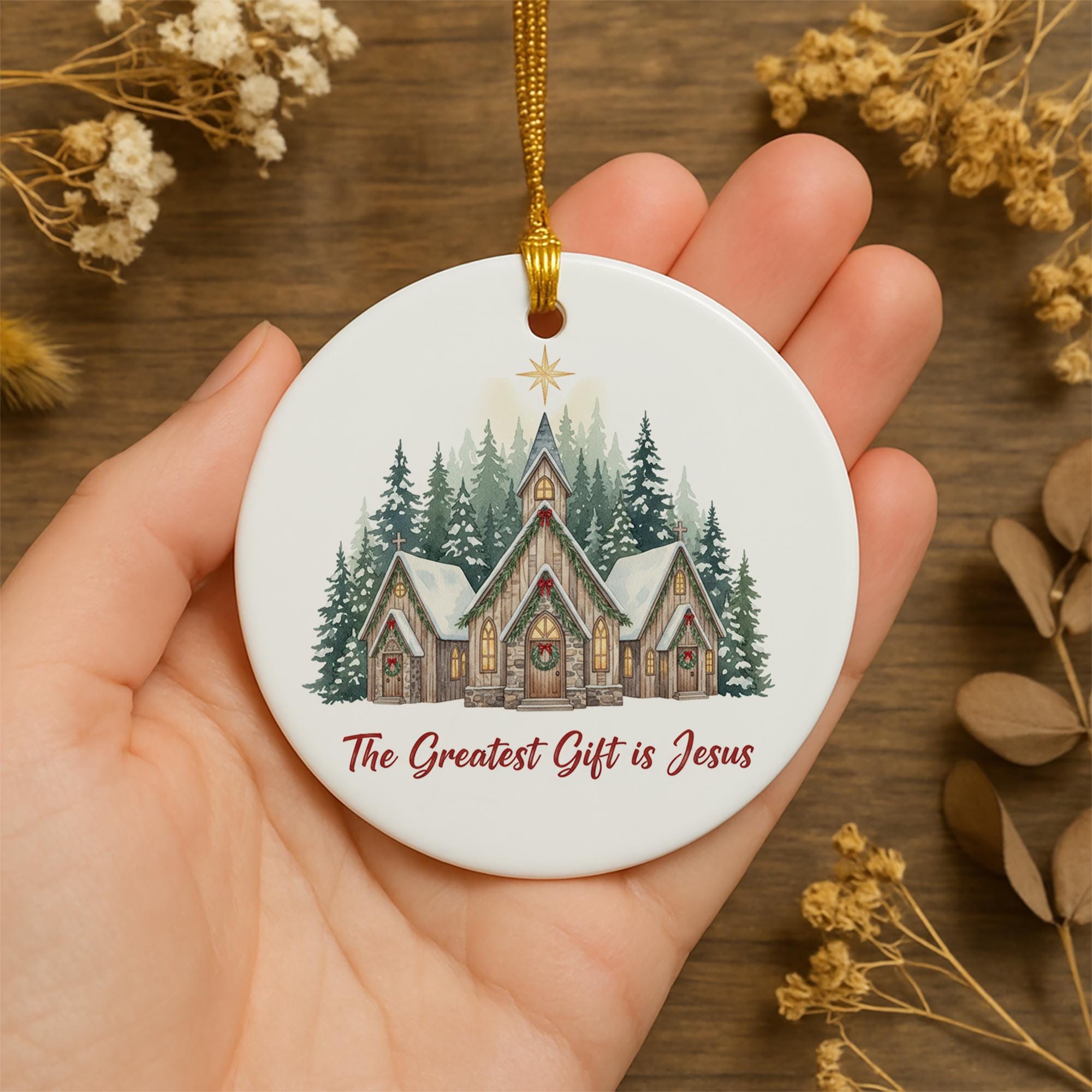 The Greatest Gift is Jesus Ornament - Christmas Church Ceramic Decor
