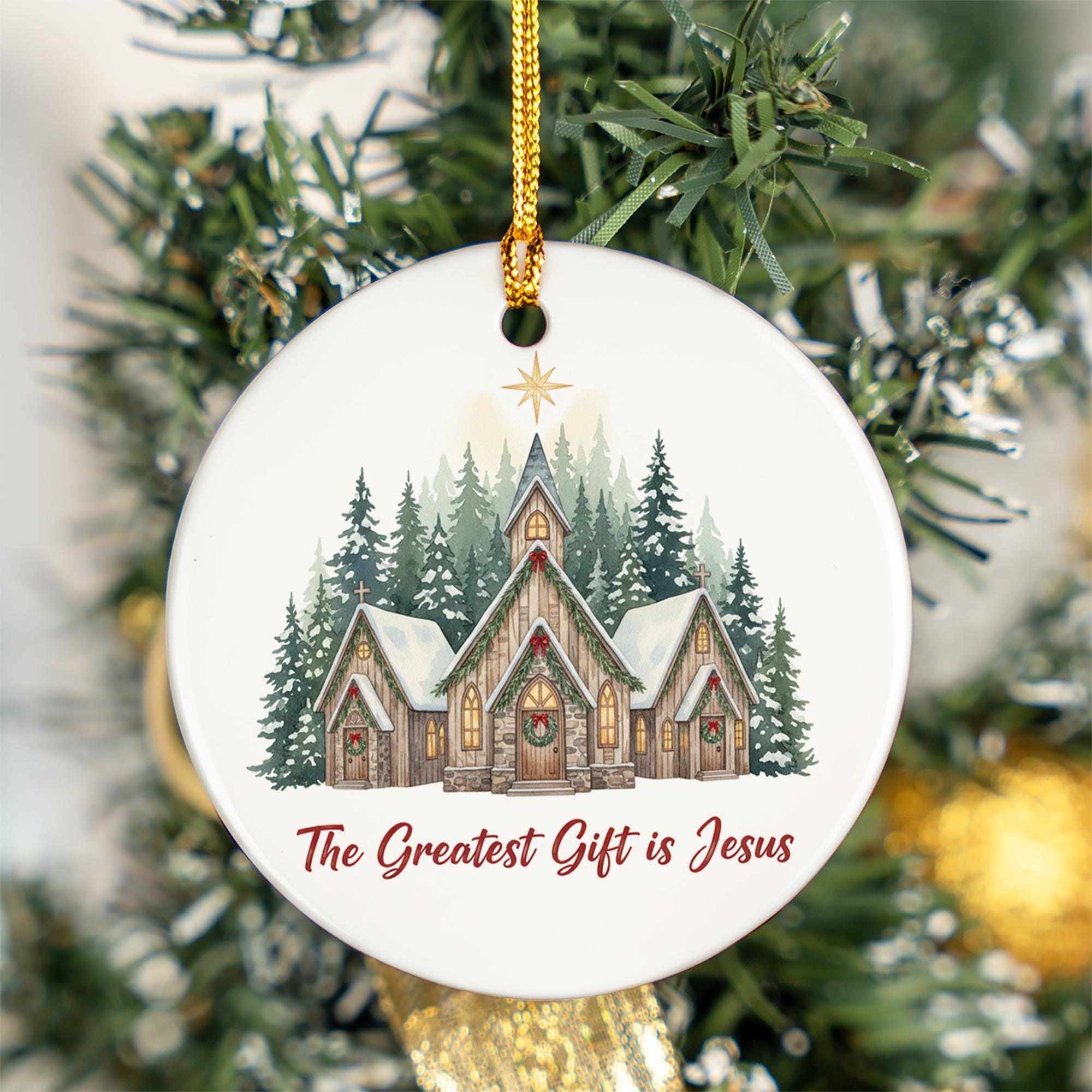 The Greatest Gift is Jesus Ornament - Christmas Church Ceramic Decor