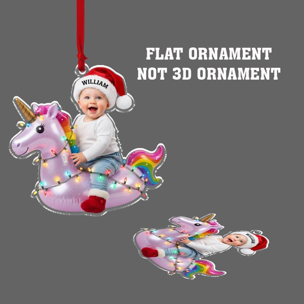 Personalized Photo Baby Unicorn Ornament, Acrylic Unicorn with Lights & Name Santa Hat