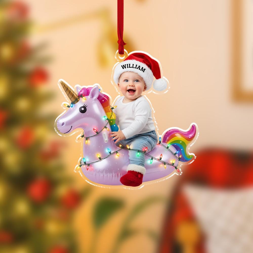 Personalized Photo Baby Unicorn Ornament, Acrylic Unicorn with Lights & Name Santa Hat