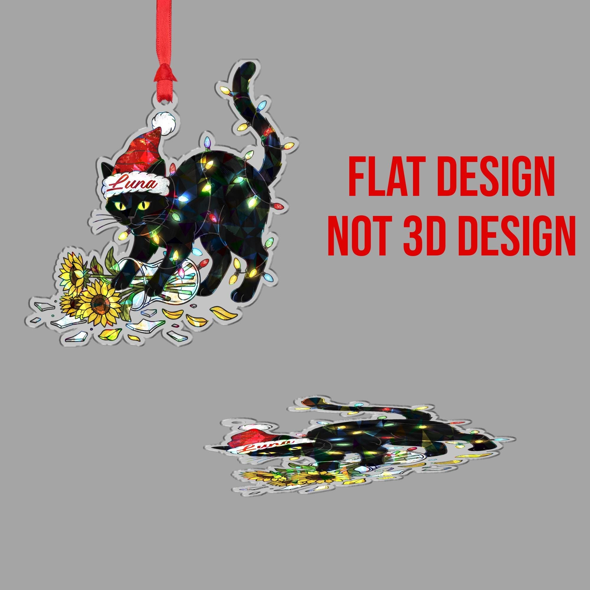 Personalized Black Cat Ornament, Custom Name Holographic Christmas Tree Decor